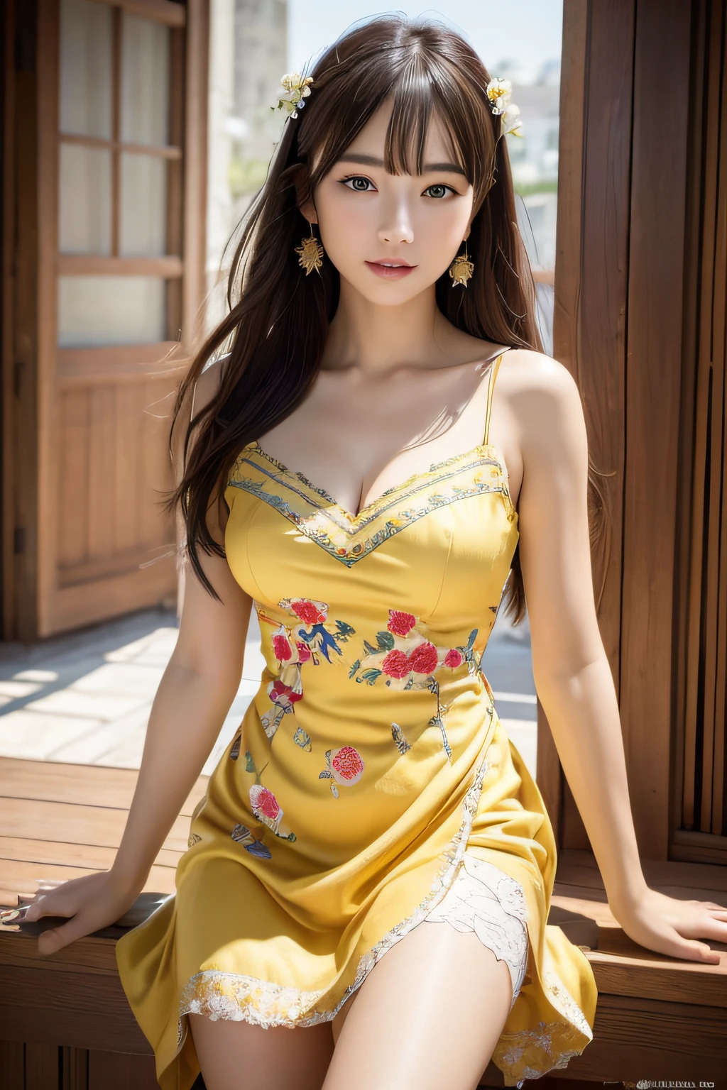 RAW, Best quality, high resolution, masterpiece: 1.3), beautiful Malay woman, Masterpiece, perfect fit body, big breasts, beautiful big eyes, long hair, brown hair, Soft smile, thick thighs, Beautiful Malay woman in, wearing long dress kebaya bali, sitting on a wooden chair, Her face is smiling, Beautiful and moving。Her long hair is draped thinly over her shoulders, fluttering slightly, She seems to be enjoying a peaceful time, The surrounding atmosphere is full of warmth and tranquility, The red chair adds A touch of vibrancy and bright color to her image, contrasting with the dress The yellow she wears, attracts attention, the whole image exudes a relaxed and pleasant atmosphere, warming t