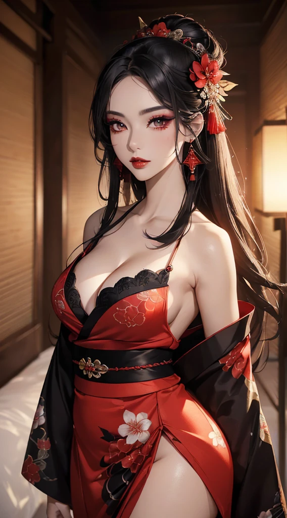 (((8k wallpaper of extremely detailed CG unit, ​masterpiece, 超A high resolution:1.2, top-quality:1.2, masutepiece))), ((extremely beautiful lady, extremely detailed beautiful face, Highly detailed black eyes:1.2, Very beautiful body, Top quality real texture skins, A dark-haired, de pele branca, Fancy makeup, Red Eye Shadow, Sexy black and red kimono, Fashion poses)), (Exposed cleavage, Exposed shoulders and legs:1.2), paper lanterns:1.2, Plum Blossom:1.2, hyper realisitic, digitial painting,