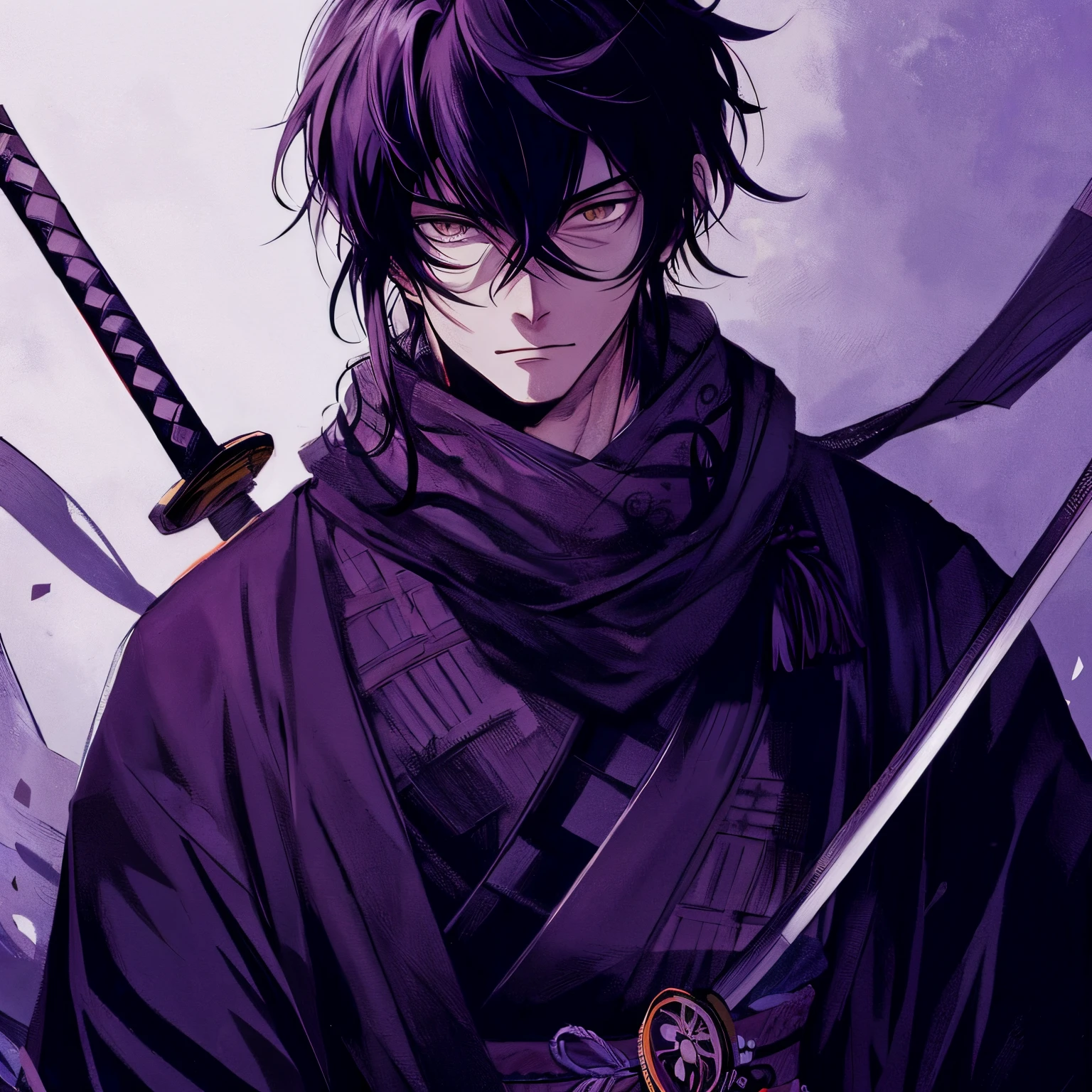 Anime, rapaz, cabelos negros, olhos roxos, samurai, kimono