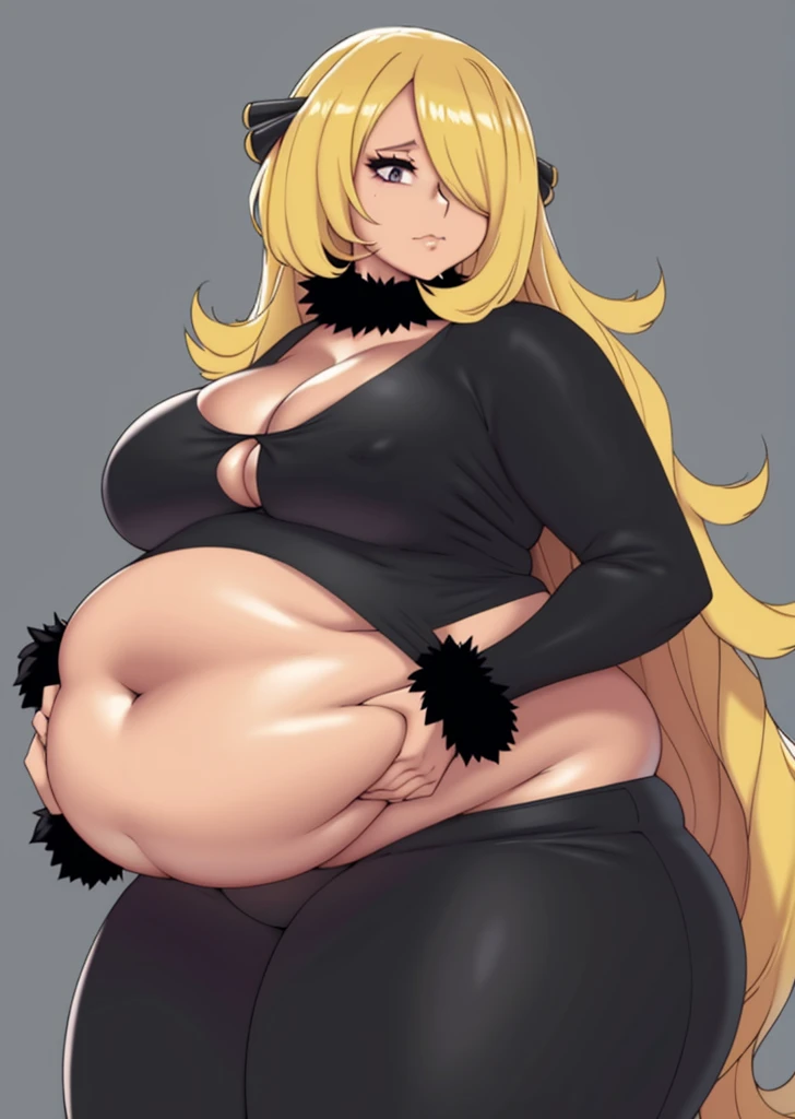 cynthia \(pokemon\), art by kipteitei, 1girl, solo, chubby, fat, anime, belly, big belly, full belly, muffin top, back fat, fat rolls, bbw, thick thighs, large breasts, grabbing belly, standing, blonde hair, hair over one eye, looking at viewer, black fur-trimmed coat, fur collar, hair ornament, v-neck, pants, closed mouth, small nose, masterpiece, best quality, simple background,