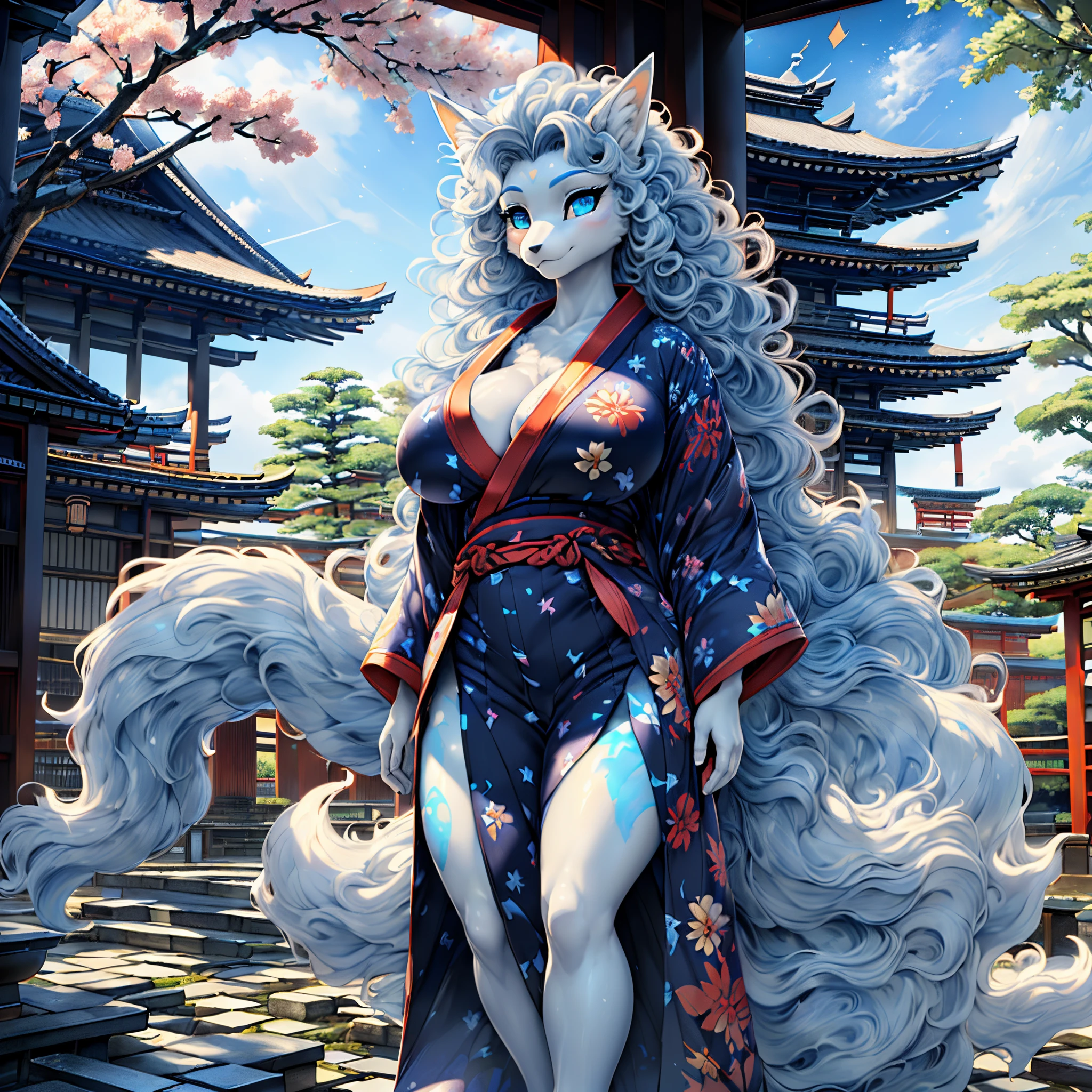 1girl (((Made by Complextree))), (Alolan Ninetales), ((solo)), ((big and firm breasts, antrum, extremely detailed, extremely detailed legs, extremely detailed arms, extremely detailed face, perfectly detailed eyes,perfectly detailed anatomy, Curly hair, Wearing  Yukata, Japanese Temple, Japan Flag))