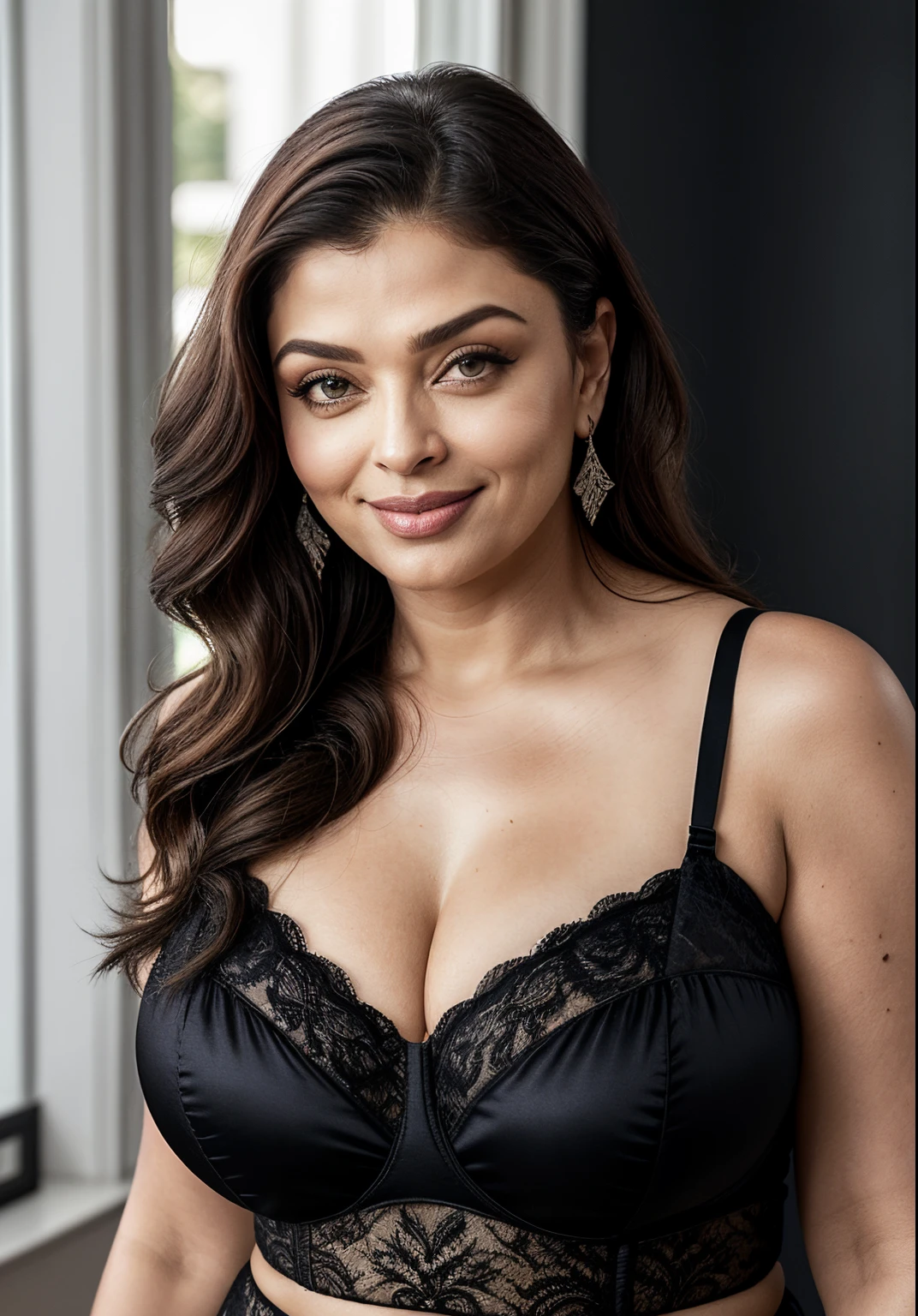 Sexy 50 year old curvy milf Aishwarya Rai, lingerie de renda preta, parte superior nua do corpo, rabo de cavalo cabelo amarrado, seios nus surgindo, posando na sala de estar, dia ensolarado brilhante, rosto sedutor, Look at a camera and smile, erotic adult face, soft volumetric lights, detalhes intrincados, (art-station:1.2)