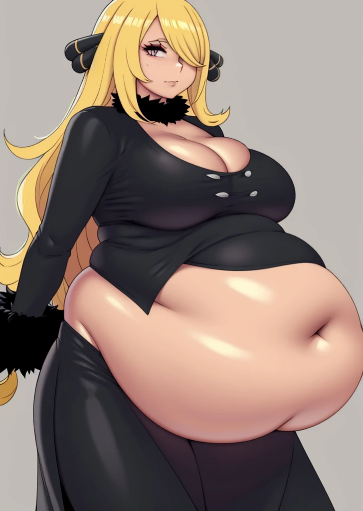 cynthia \(pokemon\), art by kipteitei, 1girl, solo, chubby, fat, anime, belly, big belly, full belly, muffin top, back fat, fat rolls, bbw, thick thighs, large breasts, grabbing belly, standing, blonde hair, hair over one eye, looking at viewer, black fur-trimmed coat, fur collar, hair ornament, v-neck, pants, closed mouth, small nose, masterpiece, best quality, simple background,