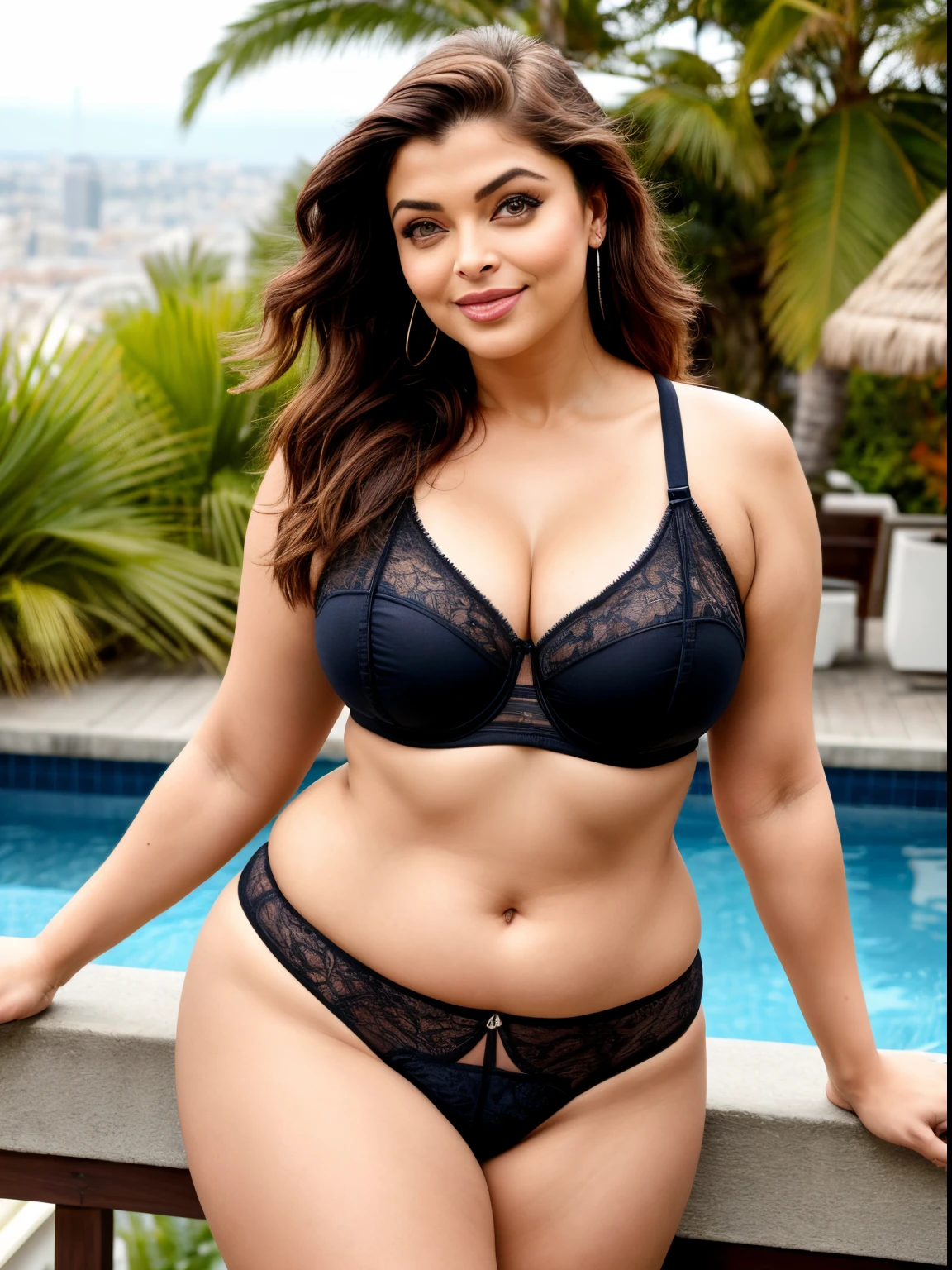 50 year old curvy athletic milf Aishwarya Rai, rabo de cavalo cabelo amarrado, lingerie de renda preta, salto alto, parte superior nua do corpo, erotic modeling, seios nus surgindo, posing on the terrace of the skyscraper , dia ensolarado brilhante, rosto sedutor, Look at a camera and smile, erotic adult face, soft volumetric lights, detalhes intrincados, (art-station:1.2)