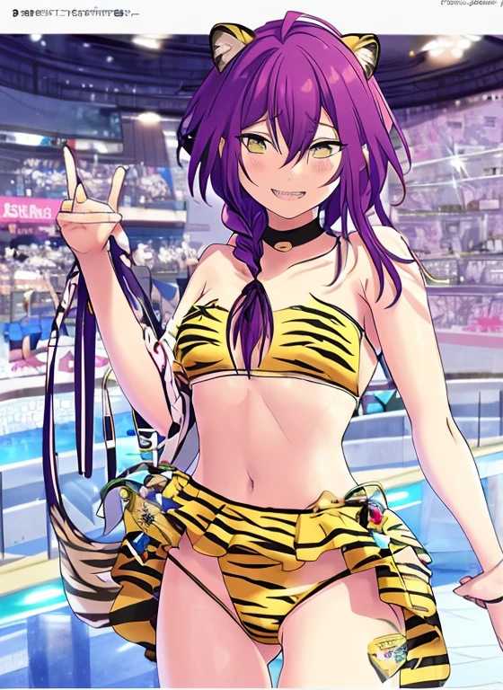 perfect , anime_style, LumCosplay, yellow , tiger strapless, small horns, best quality, high details,long hair, mole under mouth, purple hair, single braid, hair between eyes, aqua eyes, sharp teeth, ahoge, 1girl, blush, smile, cowboy shot, anime_style