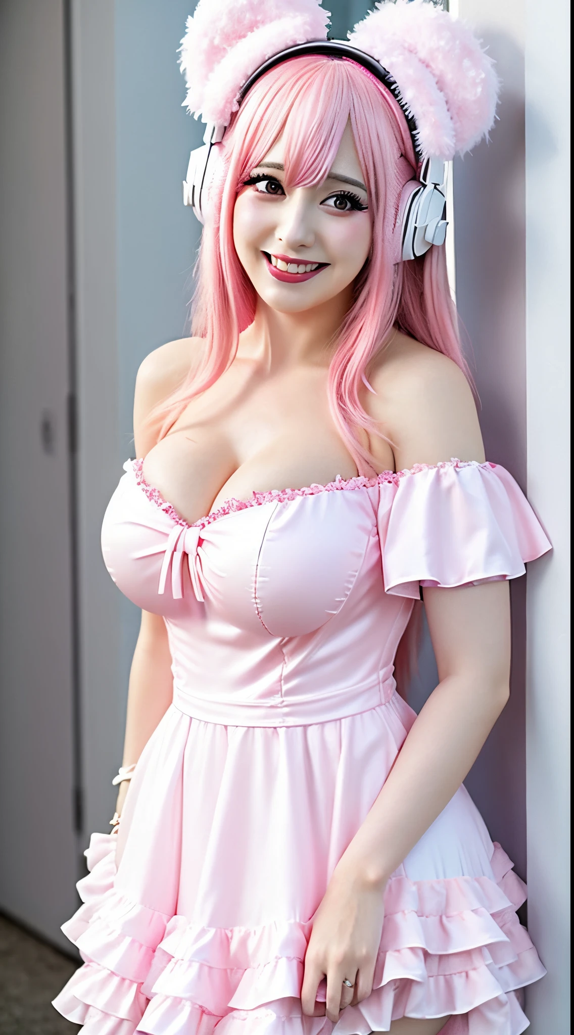 super sonico in a pink and white goth gal dress off shoulder gigantic breasts arms behind back looking at viewer smiling
