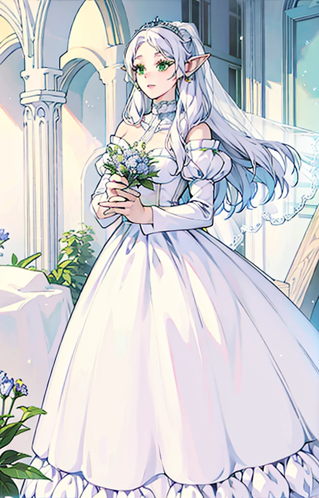 ((Best quality))), ((Ultra-detailed)), ((illustration)), ((Disheveled hair)), ((frilld)), (1 girl), (Solo),,1girl, solo, rating:safe, wedding, bare_shoulders, breasts, bridal_gauntlets, bridal_veil, cleavage, clothing, crown, curtsey, dress, drop_earrings, earrings, elbow_gloves, female, female_only, gloves, headdress, headwear, jewelry, layered_dress, long_hair, looking_at_viewer, necklace, skirt_hold, smile, standing, strapless, strapless_dress, tiara, veil, very_long_hair, white_dress, white_footwear, white_gloves
gray hair, blue_eyes,