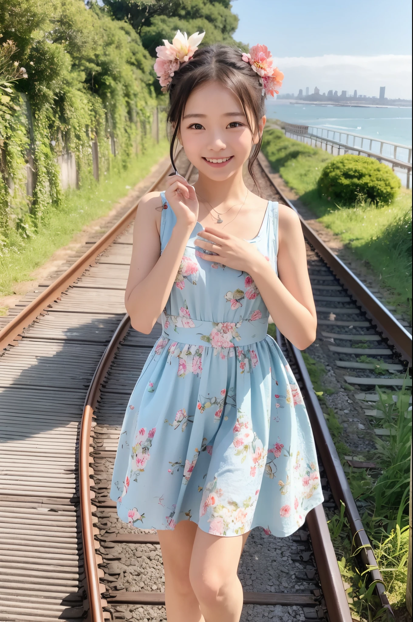 bustup、morning、Girl walking on a path parallel to the railroad tracks、Raising the right hand、Vigorous、You can see the sea in the background, I see the train、（ hair adornments、Floral hair ornament）、 masutepiece, Anatomically correct、A smile, radiant light