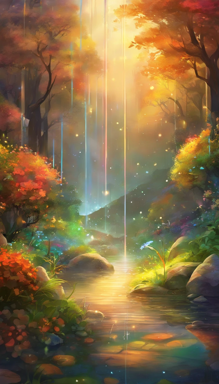 A painting of a stream in a forest with trees and flowers - SeaArt AI
