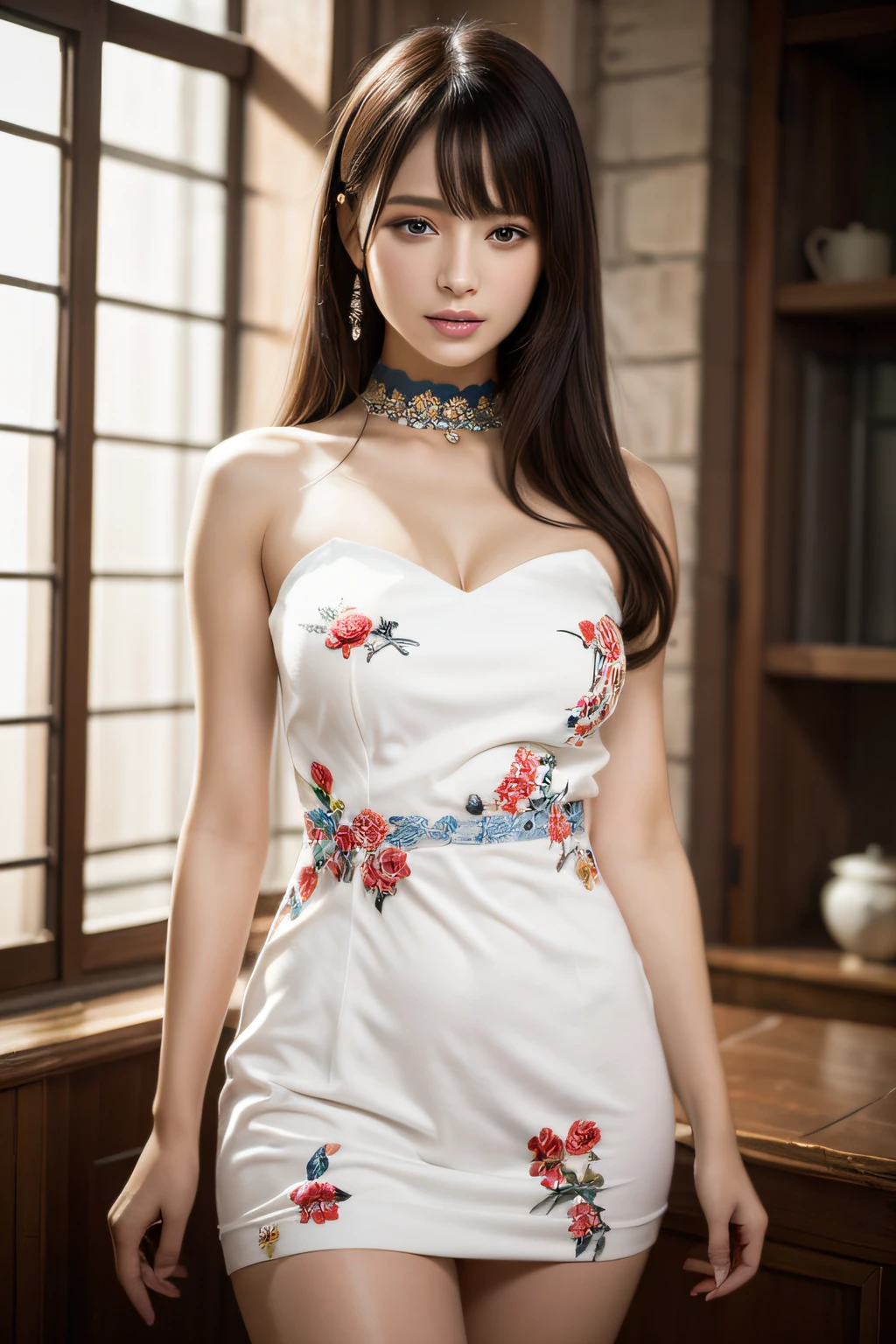 Focus on people。Create and express the best shining composition of the person in a realistic way。((masterpiece))、(((top-quality)))、((ultra-detailliert))、(A hyper-realistic)、(highly detailed CGillustration)、(extremely delicate and beautiful)、Girl a masterpiece、top-quality、Realistic skin feeling、Realistic fabric、We will introduce a realist illustration focusing on the center front of girls with realistic and ultra-detailed eyes.。This is the absolute rule, and the following sentence expresses the image quality。 The greatest painter in human history meets an unparalleled beauty、It is the greatest masterpiece in the history of the Inuiku Ichigo, which depicts the most beautiful figure of a lifetime.。 Create stunning anime artwork that is currently trending on seaStation、Introducing exquisite beauty and seductive aesthetics。Black pesant dress with detailed floral embroidery、NOWAI
