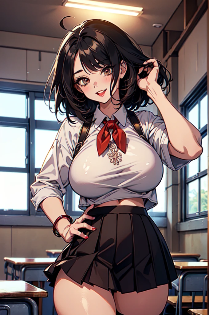 "(masterpiece:1.1), best quality, NSFW,
1girl, gyaru, (80s anime style:1.3), (eyelashes:1.5), (:1.2),
(intricate high detailed body:1.2),
black hair,
(forehead, parted bangs, hairclip:1.1), (medium hair, two side up:1.1),
brown eyes, (red lip stick:1.1),
(oiled skin:1.3), (curvy body:1.2), (gigantic breasts:1.5),
(happy, smile:1.2), blush,open mouth,
(school uniform, skirt, midriff peek:1.1),
spiked, knee socks, bracelet, ahoge,
standing, hand on hip,
upper body,
(classroom:1.2)"