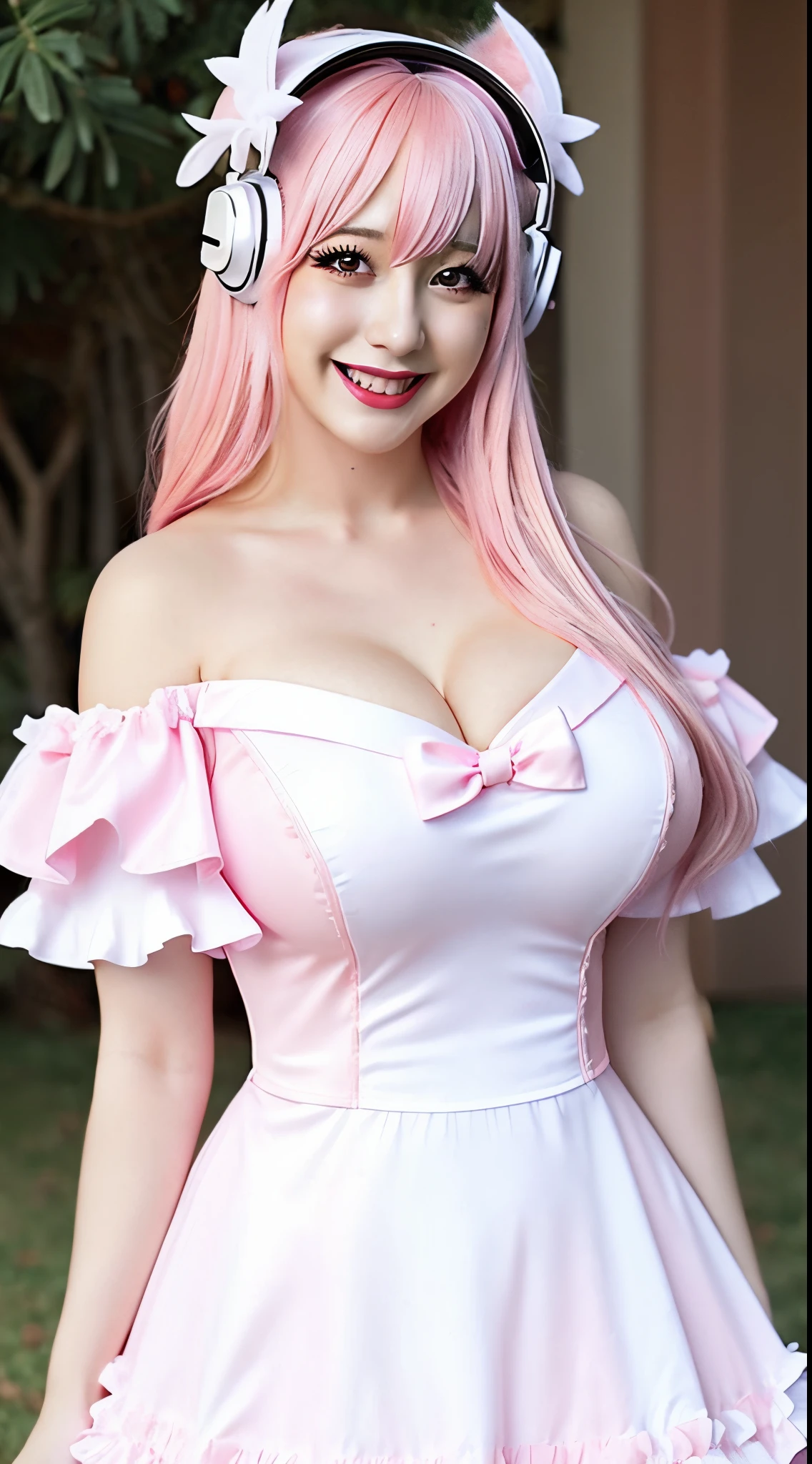 super sonico in a pink and white goth gal  shoulder  arms behind back looking at viewer smiling