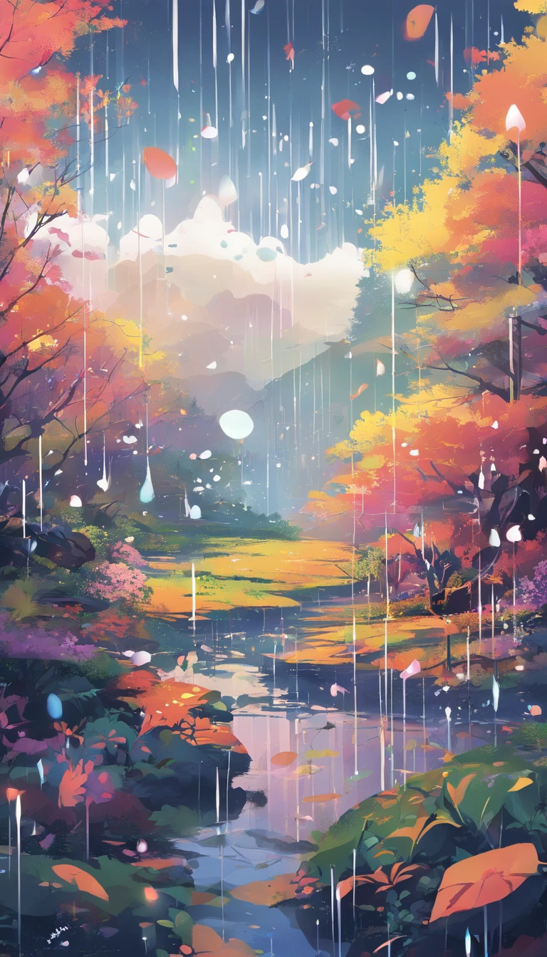 (((of the highest quality, 8K, masutepiece))), clear focus nature of rain: This rain is different from the usual rain、non-transparent water droplets、It is made of something like microscopic crystals..。these crystals shine in the air、appearance々It descends while emitting bright colors..。 light and shadows: When raindrops hit the ground or objects、Color and light reflection create beautiful patterns around you.。A rainbow-like spectrum emerges depending on the lighting.、Adds fantastic color to the surrounding scenery。 Environmental impact: This rain also gives blessings to plants just like normal rain., But、Due to its special properties、、Depends on where you fall, The surrounding plants change color、It will look shining for a moment。.。 Atmosphere: The sound of rain is delicate、sounds like music to your ears。This rainy landscape is like a dream.、Creates a momentary beautiful illusion。