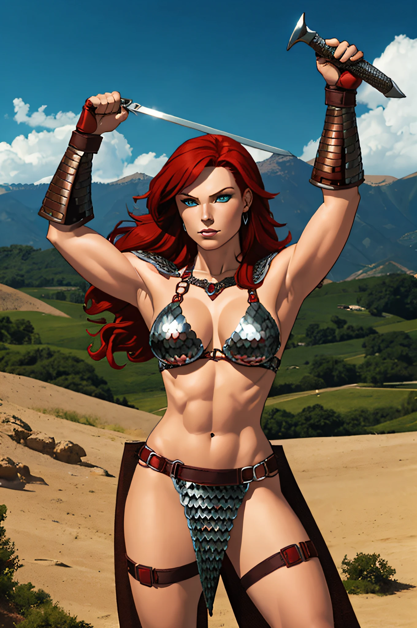 red hair, long red hair, thigh strap, armor, chainmail, armored bikini, brown gloves, red sonja, green eyes, showing armpits, raised arms, arms up, arms behind head, posing, solo, masterpiece, shaved armpits, chainmail bikini, groin, silver armbands, perfect proportions