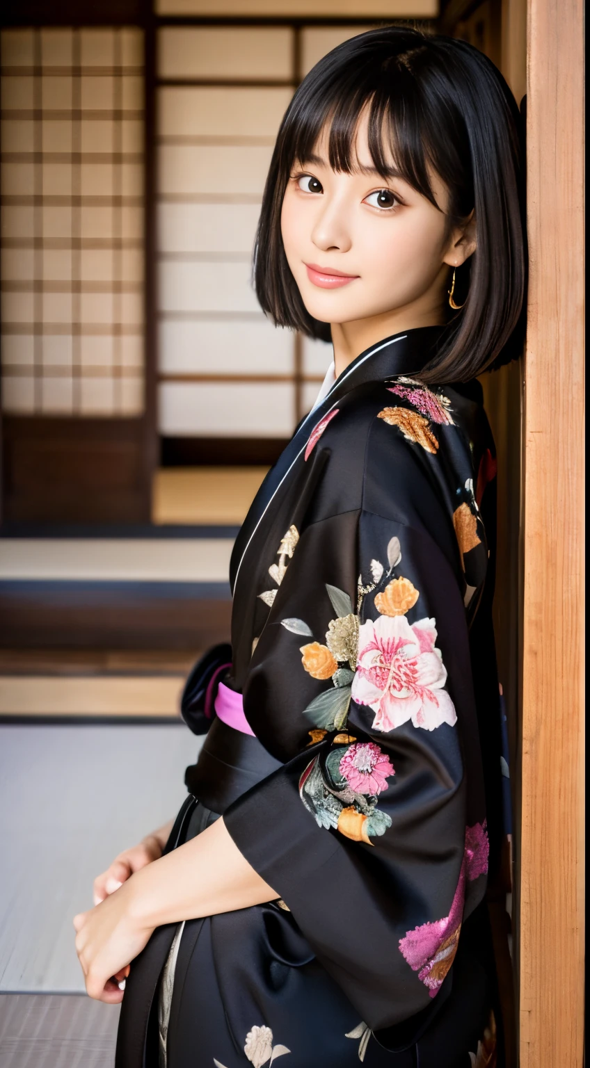 Best-quality, Masterpiece, Ultra-High-Resolution, (Photorealistic:1.4), Raw-Photo, Extremely-Details, Perfect-Anatomy, 1girl, 18-years-old, the most famous Japanese actress, cowboy-shot, upturned hip joint, looking at viewer, in Japanese-style room, wearing colorful luxurious KIMONO, detailed extremely cute face like a most popular Japanese actress, detailed extremely beautiful big black solid circle eyes, detailed extremely beautiful black short-cut-haired, detailed colorful luxurious KIMONO, detailed Japanese-style room, detailed extremely beautiful realistic skins, detailed extremely beautiful hip