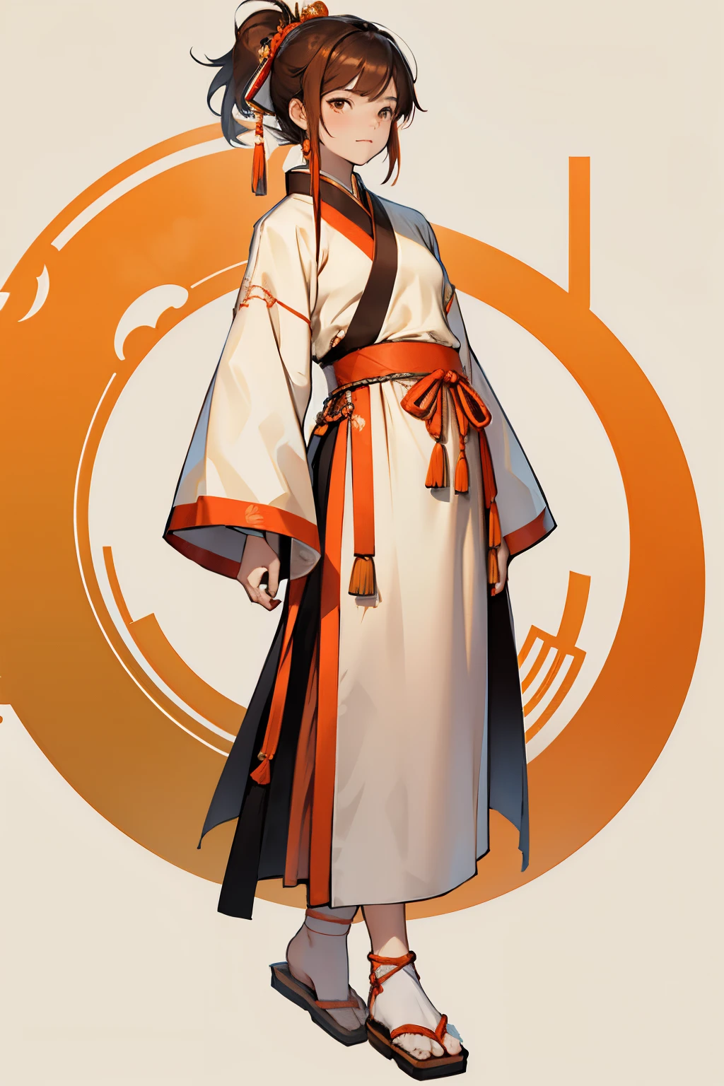 high quality, 4k, hanfu, white and orange hanfu, brown hair girl , ponytail hairstyle ,flat background, gentle expression, chinese pattern background, full body, character design