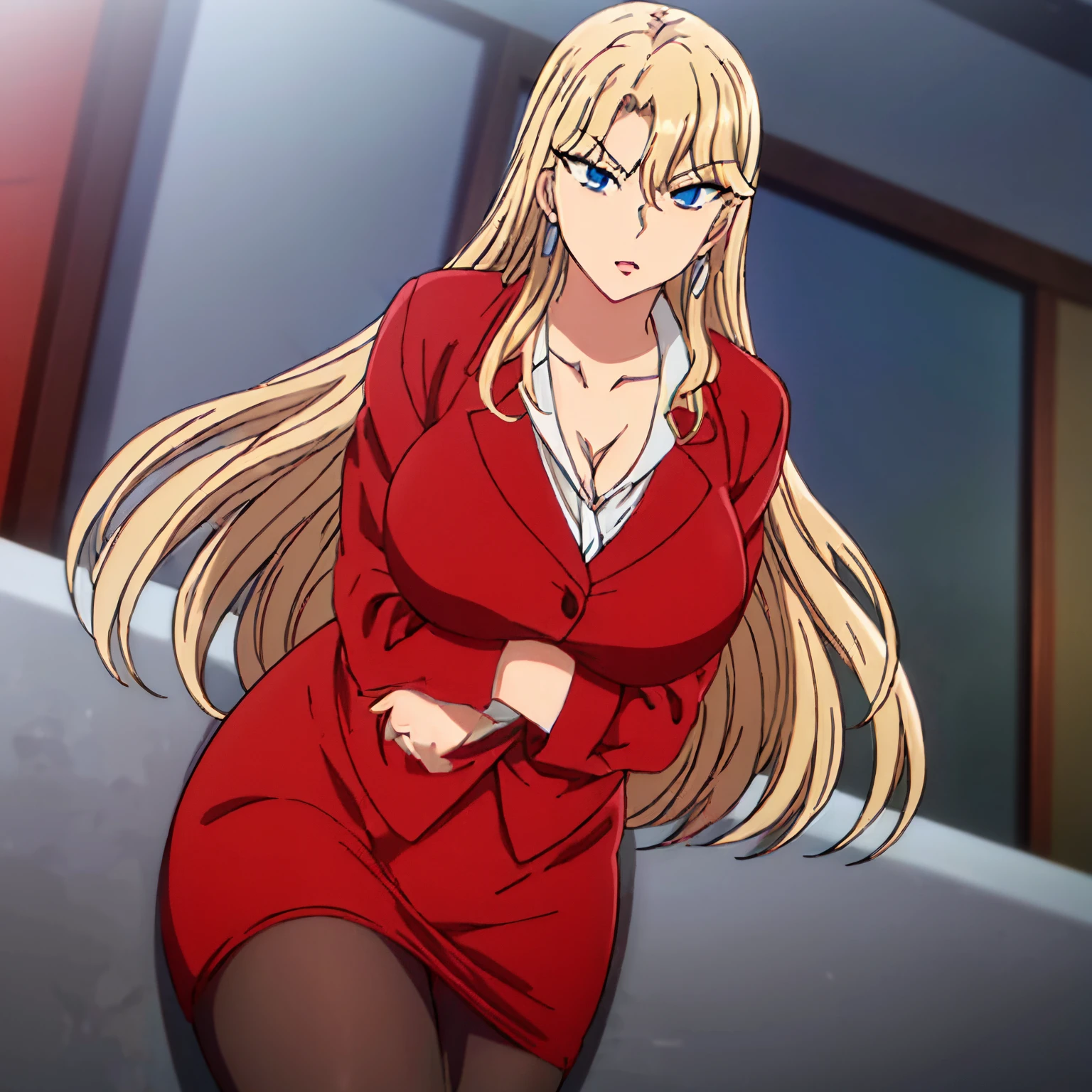 (Night:1.7), Japan, Tokyo, CityView, Before Window,
Standing at attention,
(red_jacket:1.2),long_sleeves, belt,heart_necklace,white shirt, collared shirt, pantyhose, pencil skirt,,
bangs, blonde_hair, blue_eyes, cleavage, collarbone, covered_nipples, earrings, jewelry, long_hair,
Reika kurashiki,1 girl, alone,Manga,20yo,mature female,Beautiful Finger,Beautiful long legs,Beautiful body,Beautiful Nose,Beautiful character design, perfect eyes, perfect face,
looking at viewer,
official art,extremely detailed CG unity 8k wallpaper, perfect lighting,Colorful, Bright_Front_face_Lighting,
(masterpiece:1.0),(best_quality:1.0), ultra high res,4K,ultra-detailed,
photography, 8K, HDR, highres, absurdres:1.2, Kodak portra 400, film grain, blurry background, bokeh:1.2, lens flare, (vibrant_color:1.2)
(Beautiful,large_Breasts:1.4), (beautiful_face:1.5),(narrow_waist),