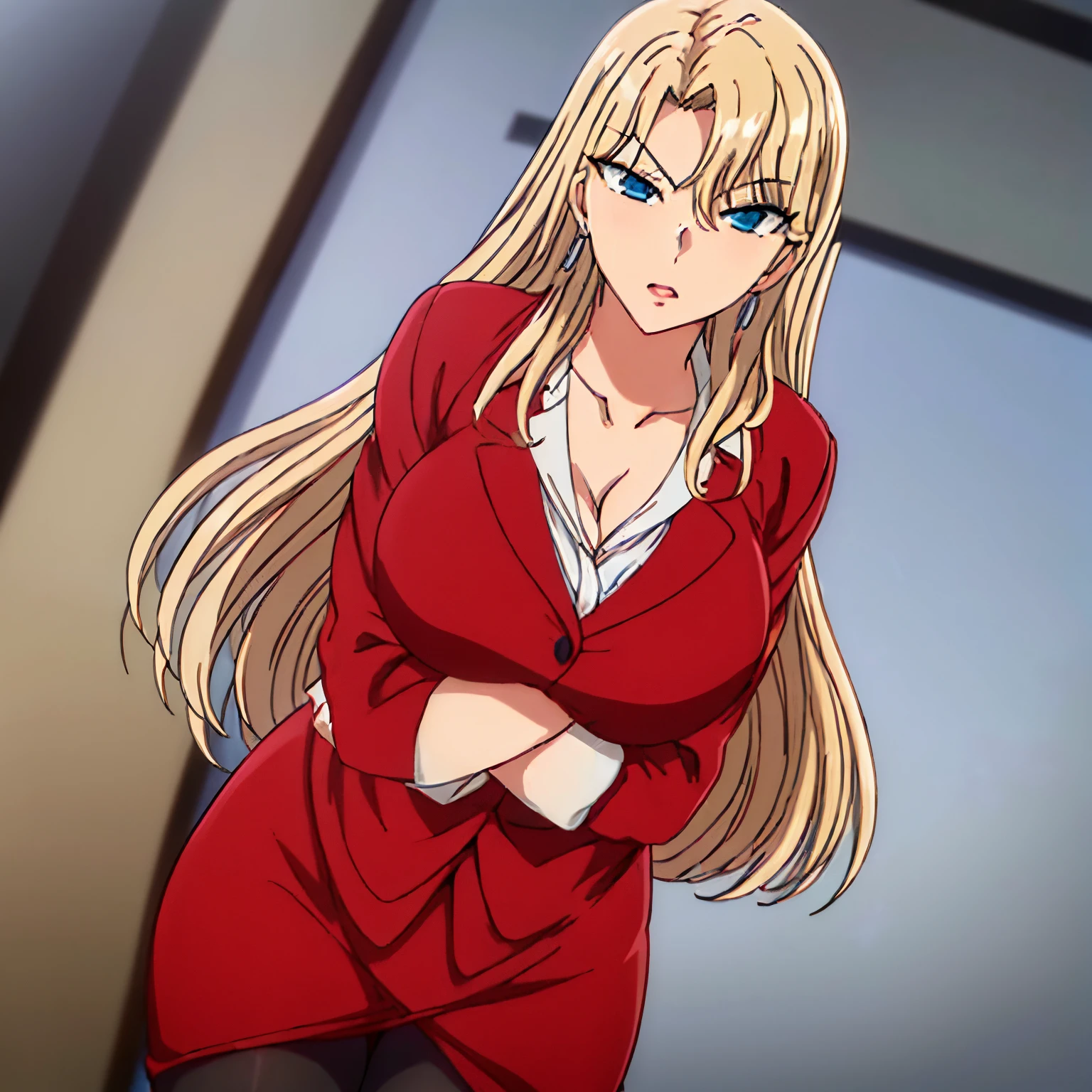 (Night:1.7), Japan, Tokyo, CityView, Before Window,
Standing at attention,
(red_jacket:1.2),long_sleeves, belt,heart_necklace,white shirt, collared shirt, pantyhose, pencil skirt,,
bangs, blonde_hair, blue_eyes, cleavage, collarbone, covered_nipples, earrings, jewelry, long_hair,
Reika kurashiki,1 girl, alone,Manga,20yo,mature female,Beautiful Finger,Beautiful long legs,Beautiful body,Beautiful Nose,Beautiful character design, perfect eyes, perfect face,
looking at viewer,
official art,extremely detailed CG unity 8k wallpaper, perfect lighting,Colorful, Bright_Front_face_Lighting,
(masterpiece:1.0),(best_quality:1.0), ultra high res,4K,ultra-detailed,
photography, 8K, HDR, highres, absurdres:1.2, Kodak portra 400, film grain, blurry background, bokeh:1.2, lens flare, (vibrant_color:1.2)
(Beautiful,large_Breasts:1.4), (beautiful_face:1.5),(narrow_waist),