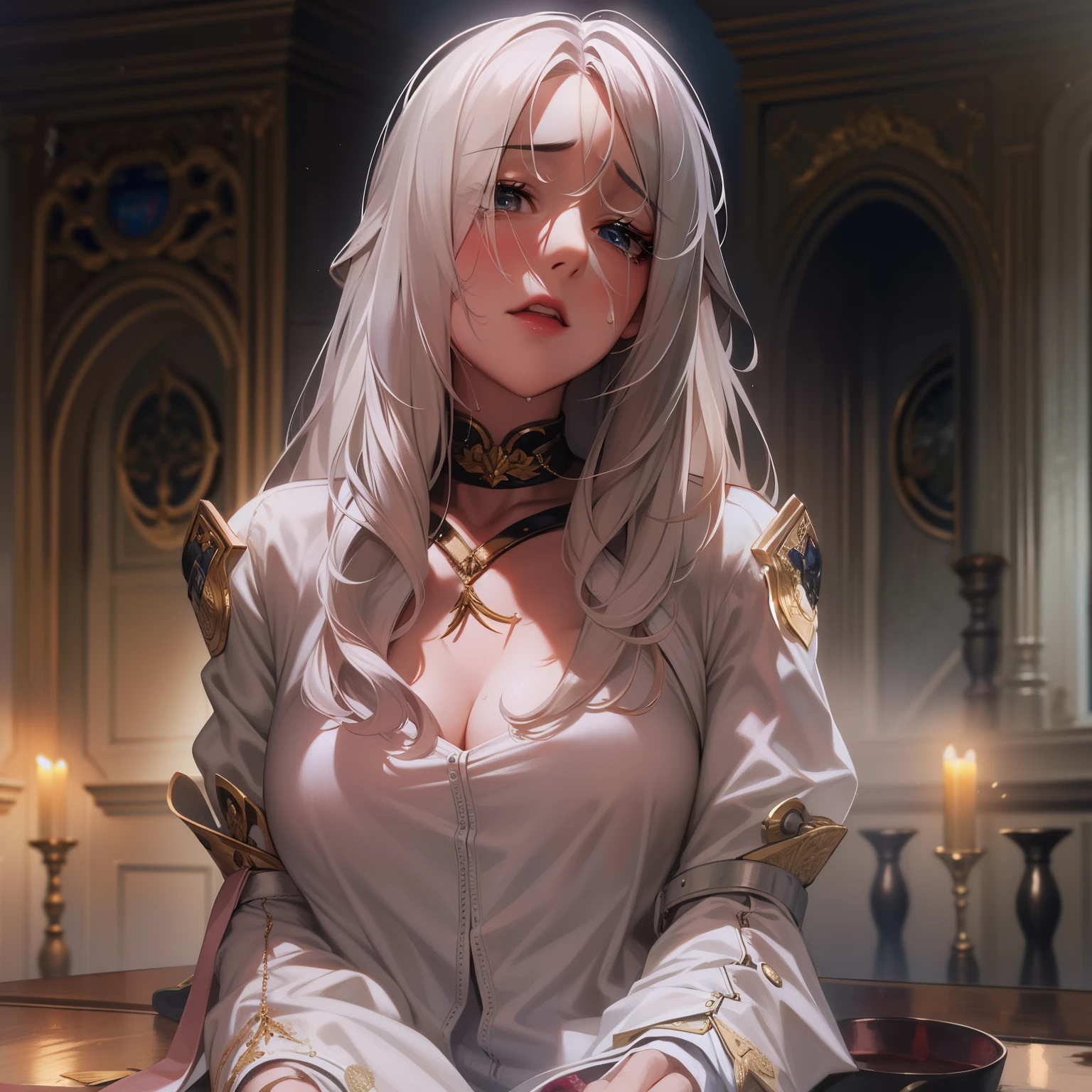 The daughter （（tmasterpiece）），white color hair，（（A high resolution）），（（Best quality at best）），Detailed pubic hair，（NSFW，weeping），（（hands restrained，handcuff，Wrists tied，raise both arms，house wife，Tears，Brown hair，collars，）），G-line，No bra wearing，Torn clothes，handcuff，collars，embarressed，Funk，breasts focus，Perspectives，电影灯光，perfectly shaded，（（Jailed））），Realistic lights and shadows，behead，On the beheading table，