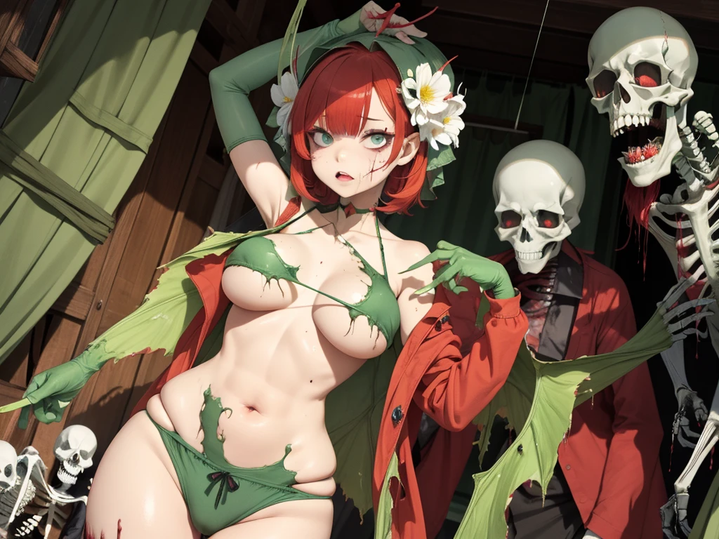 Lots of wounds，Monster Girl，crab zombie，skeleton，funeral home，It's hot，dimly lit，darkly，darkly，Flower of Death！！！！Zombie girl，1 plump girl，dead body，zombi，Flower of Death，Flower of Death，Flower of Death，Empty eyes，bleed，The clothes were tattered，nurses uniform， zombi，green color，biochemistry，crabs🦀，Huge crabs，monstergirl，Thin stature，wounds，bleed，zombi，Raised sexy，enthusiasm，monstergirl，crabs，Flower of Death，独奏， mediuml breasts， looking at viewert， face flushed， Short hair details， eBlue eyes， hair adornments， Straight combat uniform， ribbons， mediuml breasts， red hair clothes