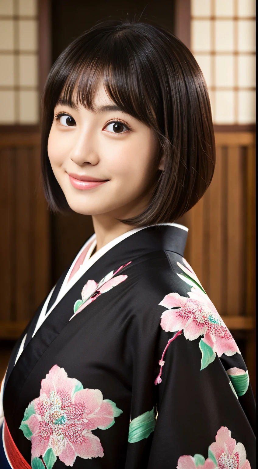 Best-quality, Masterpiece, Ultra-High-Resolution, (Photorealistic:1.4), Raw-Photo, Extremely-Details, Perfect-Anatomy, 1girl, 18-years-old, the most famous Japanese actress, portrait, looking at viewer, innocent smile, in Japanese-style room, wearing colorful luxurious KIMONO, detailed extremely cute face like a most popular Japanese actress, detailed extremely beautiful big black solid circle eyes, detailed extremely beautiful black short-cut-haired, detailed colorful luxurious KIMONO, detailed Japanese-style room, detailed extremely beautiful realistic skins