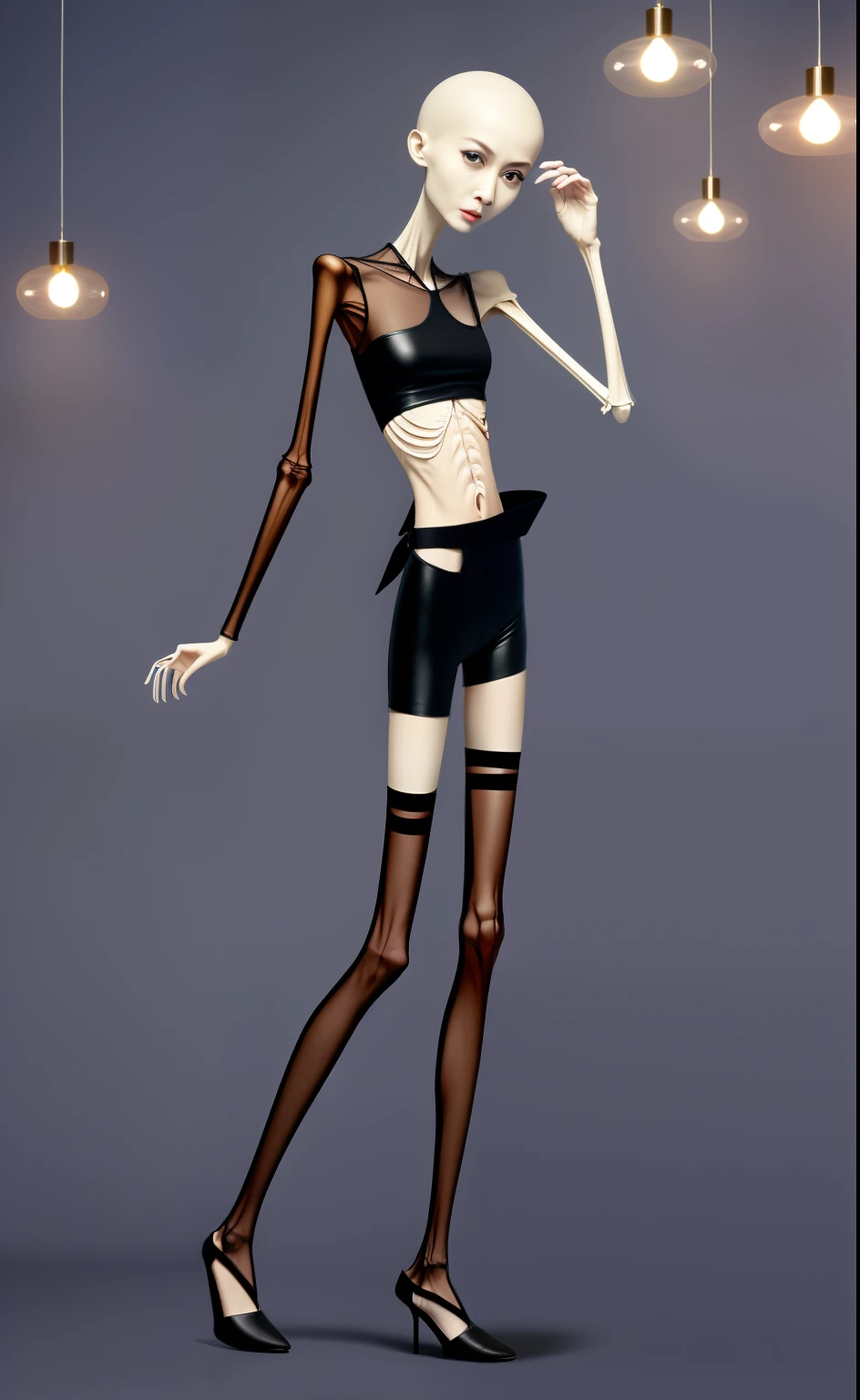 very thin woman,A thin body,Protruding sternum,The waist is very thin,The ribs are noticeable,Protruding ribs,The pelvic protrusion is very obvious,Pelvic width,Legs are just skin and bones,White skin of the,thin shoulde,The waist is very thin,Sunken abdomen,Delicate arms,arm muscle atrophy,hunger,The lower abdomen is depressed,Short hair details,Wear tight leather pants,Wearing black stockings,Wear slippers,Asia face,The waist is particularly thin,angry look,weeping,Excessive weight loss,The face is sunken and thin,Severe malnutrition,hunger,weak