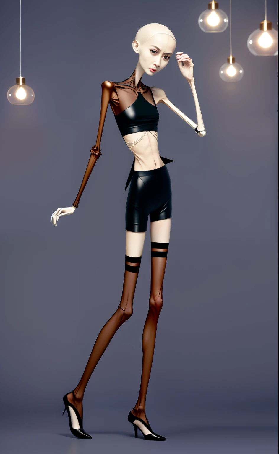 very thin woman,A thin body,Protruding sternum,The waist is very thin,The ribs are noticeable,Protruding ribs,The pelvic protrusion is very obvious,Pelvic width,Legs are just skin and bones,White skin of the,thin shoulde,The waist is very thin,Sunken abdomen,Delicate arms,arm muscle atrophy,hunger,The lower abdomen is depressed,Short hair details,Wear tight leather pants,Wearing black stockings,Wear slippers,Asia face,The waist is particularly thin,angry look,weeping,Excessive weight loss,The face is sunken and thin,Severe malnutrition,hunger,weak