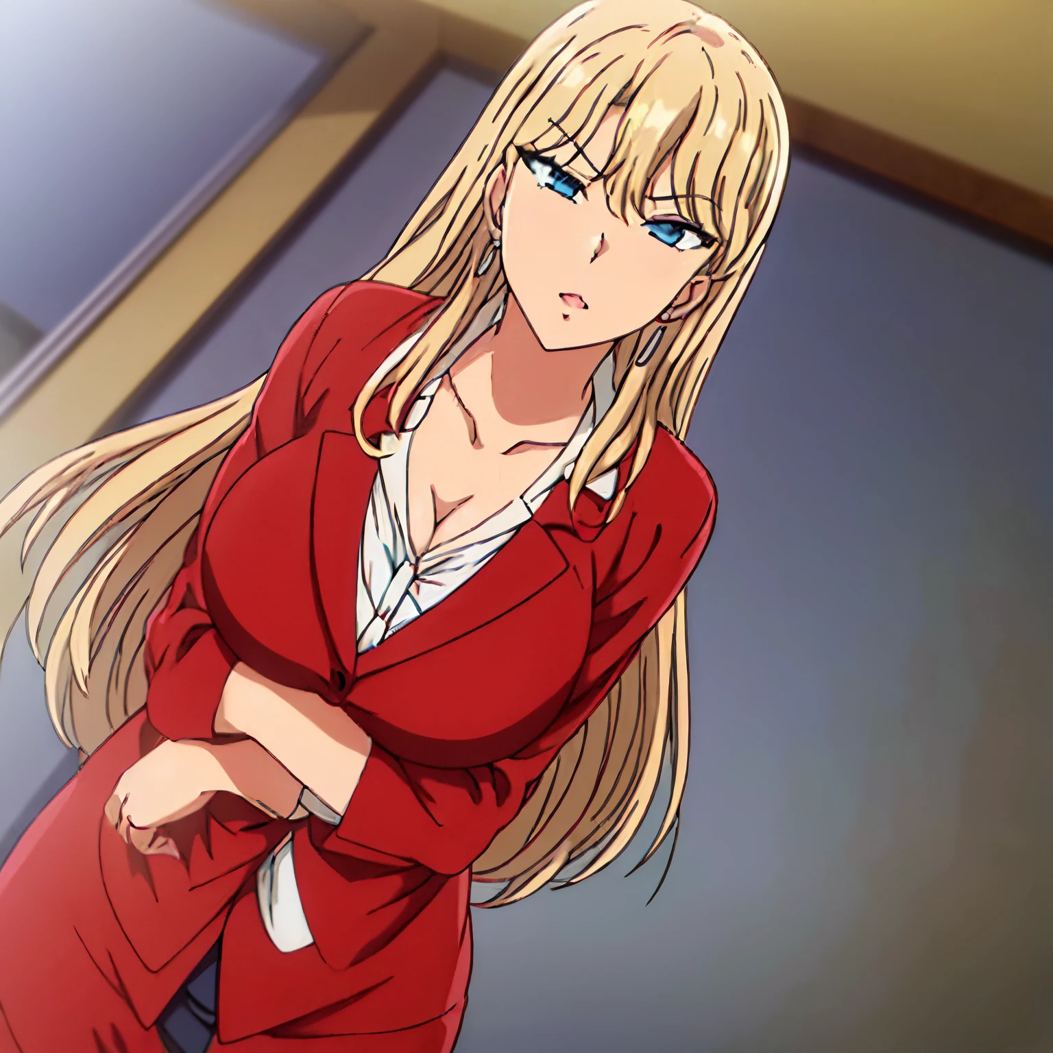 (Night:1.7), Japan, Tokyo, CityView, Before Window,
Standing at attention,
(red_jacket:1.2),long_sleeves, belt,heart_necklace,white shirt, collared shirt, pantyhose, pencil skirt,,
bangs, blonde_hair, blue_eyes, cleavage, collarbone, covered_nipples, earrings, jewelry, long_hair,
Reika kurashiki,1 girl, alone,Manga,20yo,mature female,Beautiful Finger,Beautiful long legs,Beautiful body,Beautiful Nose,Beautiful character design, perfect eyes, perfect face,
looking at viewer,
official art,extremely detailed CG unity 8k wallpaper, perfect lighting,Colorful, Bright_Front_face_Lighting,
(masterpiece:1.0),(best_quality:1.0), ultra high res,4K,ultra-detailed,
photography, 8K, HDR, highres, absurdres:1.2, Kodak portra 400, film grain, blurry background, bokeh:1.2, lens flare, (vibrant_color:1.2)
(Beautiful,large_Breasts:1.4), (beautiful_face:1.5),(narrow_waist),