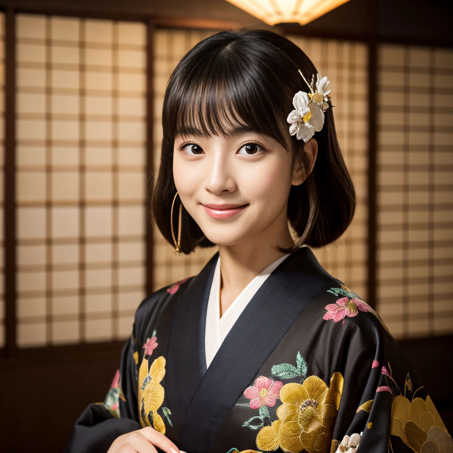 Best-quality, Masterpiece, Ultra-High-Resolution, (Photorealistic:1.4), Raw-Photo, Extremely-Details, Perfect-Anatomy, 1girl, 18-years-old, the most famous Japanese actress, portrait, looking at viewer, innocent smile, in Japanese-style room, wearing colorful luxurious KIMONO, detailed extremely cute face like a most popular Japanese actress, detailed extremely beautiful big black solid circle eyes, detailed extremely beautiful black short-cut-haired, detailed colorful luxurious KIMONO, detailed Japanese-style room, detailed extremely beautiful realistic skins