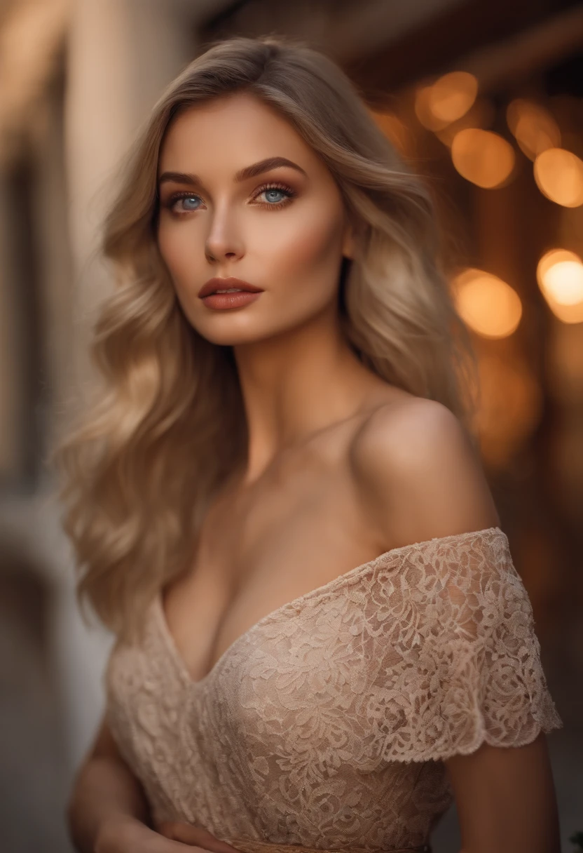 A poised and alluring woman with captivating blue eyes, resembling the ultra-realistic Sophie Mudd. She wears natural makeup, exudes a sexy charm in a short dress, blonde hair color and poses in Italy setting with a prominent bust.