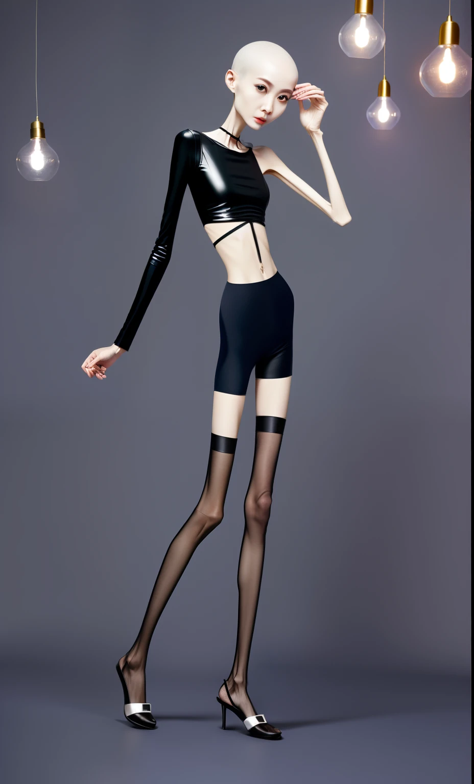 very thin woman,A thin body,Protruding sternum,The waist is very thin,The ribs are noticeable,Protruding ribs,The pelvic protrusion is very obvious,Pelvic width,Legs are just skin and bones,Fair skin,thin shoulde,The waist is very thin,Sunken abdomen,Delicate arms,arm muscle atrophy,hunger,sunken lower abdomen,Short hair details,Wear tight leather pants,Wearing black stockings,Wear slippers,Asia face,The waist is particularly thin,angry look,Excessive weight loss,The face is sunken and thin,Severe malnutrition,hunger,Weak