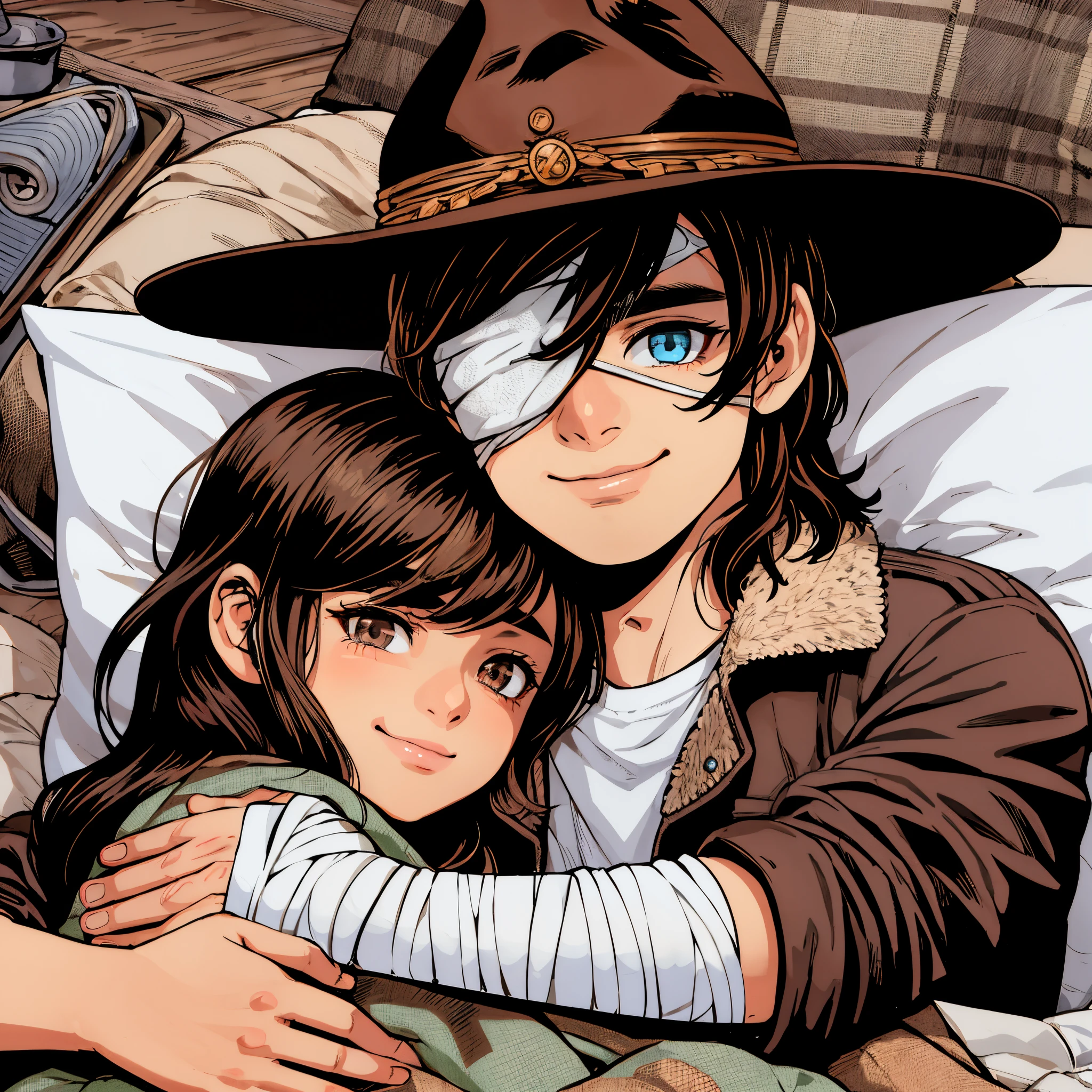 (best-quality:0.8), (best-quality:0.8), perfect anime illustration, two people hugging, boy with brown hair, and eyepatch, blue eye, wearing sheriffs cowboy hat, girl with brown hair and brown eyes