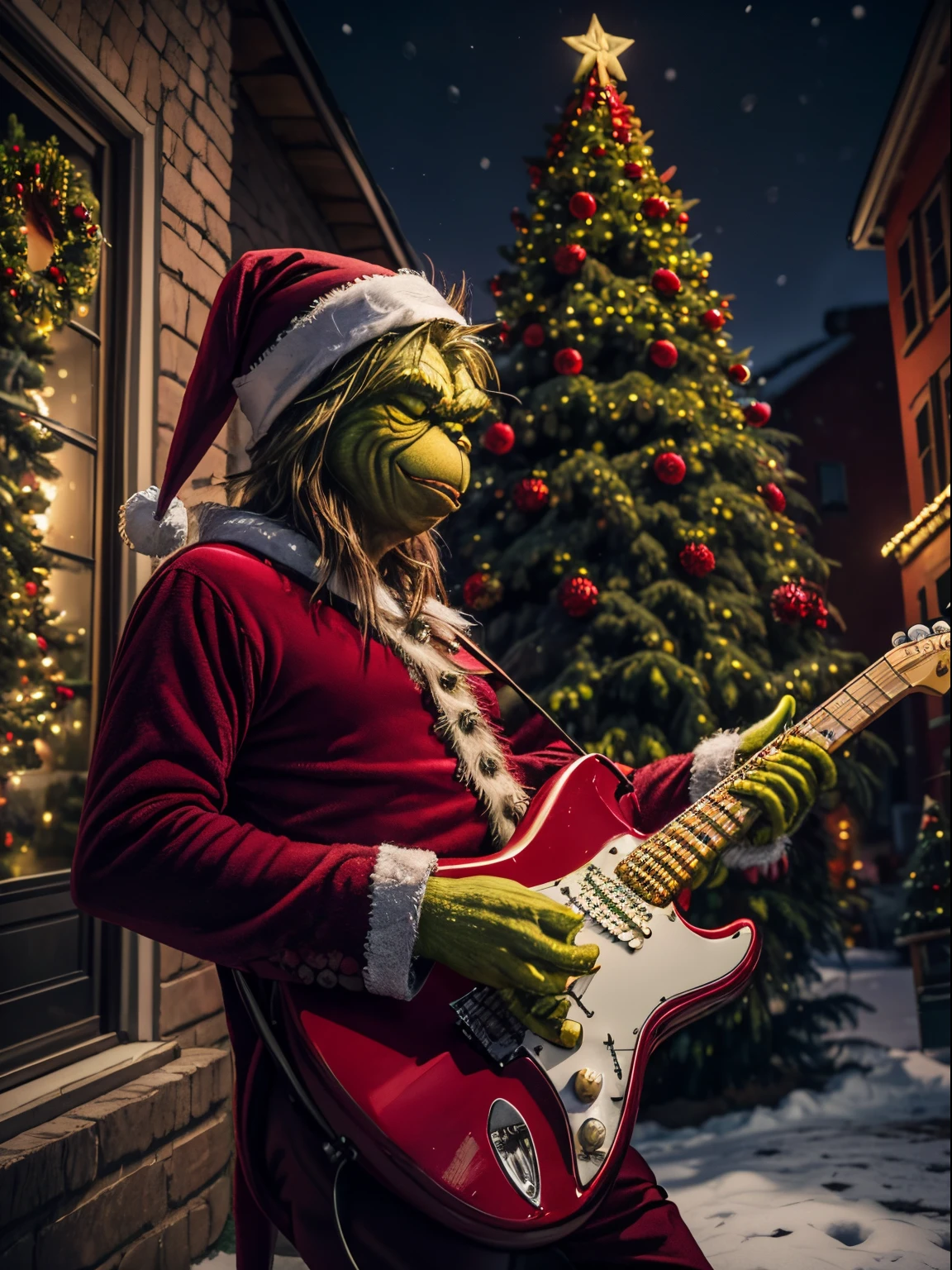 photo RAW,(The Grinch holding a fender stratocaster, solo,emotions face, Wear Christmas costumes,Burgundy and dark_red colors), Christmas joy street,christmas,elk,gifts,snowflower,Christmas tree,masterpiece, award winning photography, lighting, perfect composition, high detail, hyper realistic,dramatic lighting, epic