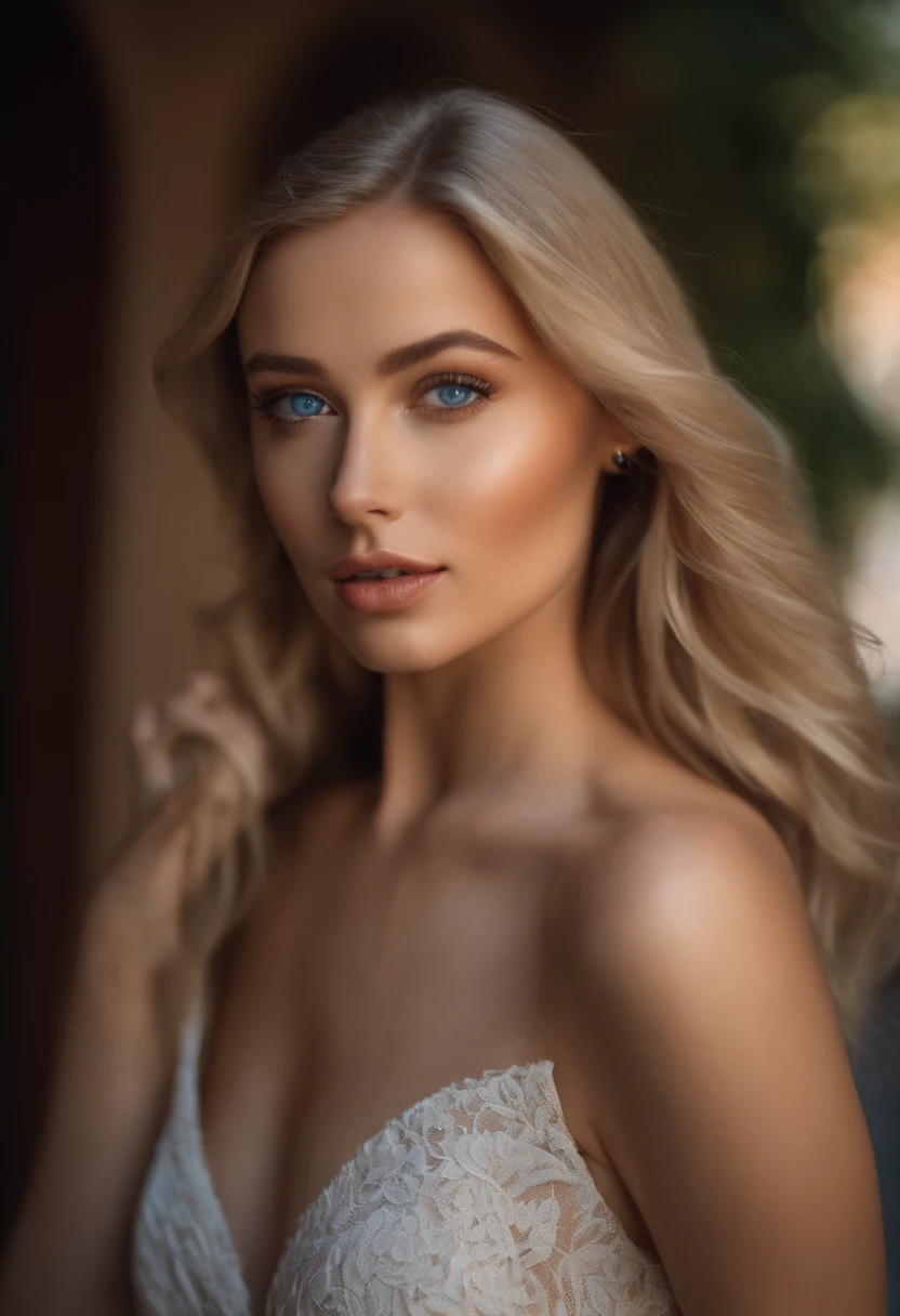 A poised and alluring woman with captivating blue eyes, resembling the ultra-realistic Sophie Mudd. She wears natural makeup, exudes a sexy charm in a short dress, blonde hair color and poses in Italy setting with a prominent bust.