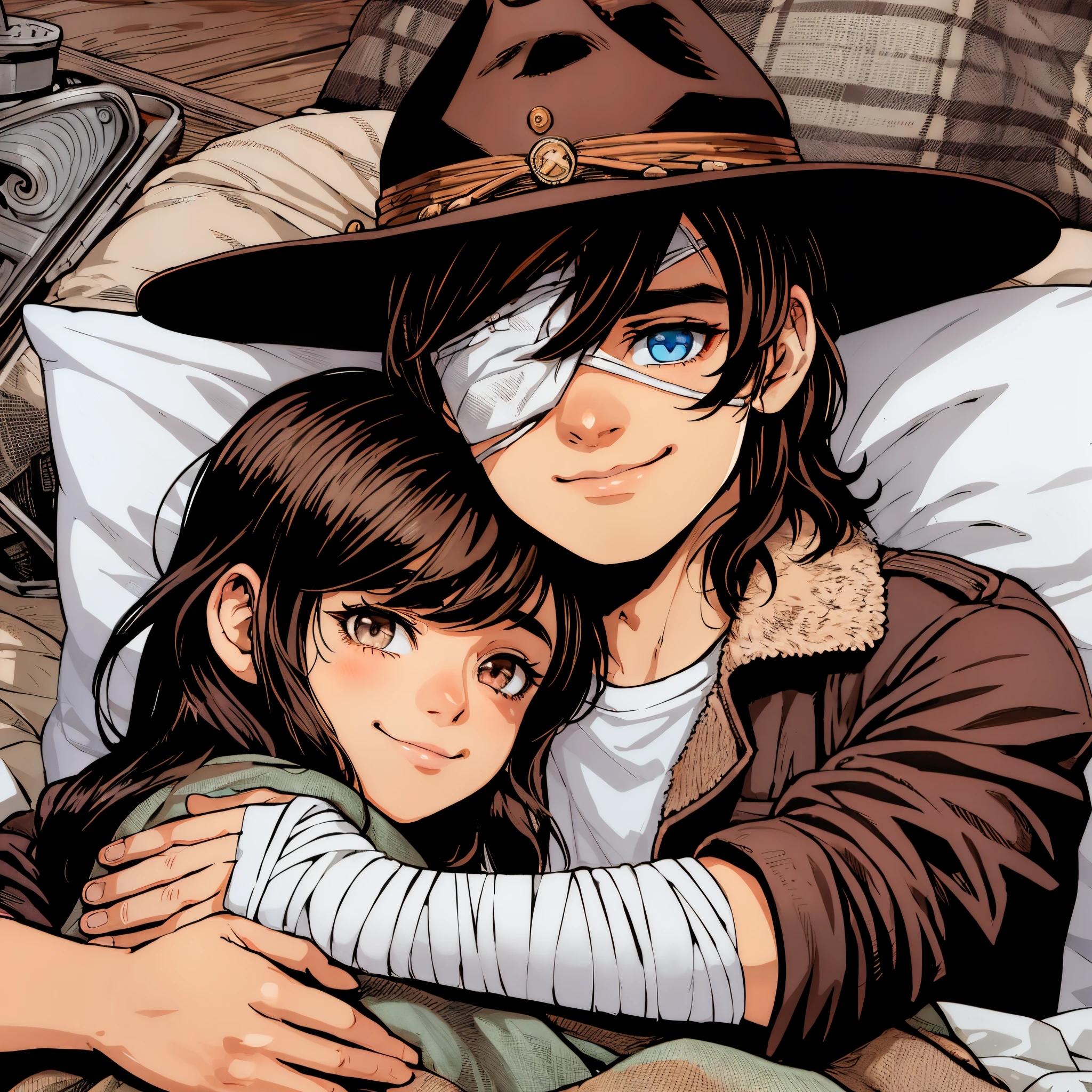 (best-quality:0.8), (best-quality:0.8), perfect anime illustration, two people hugging, boy with brown hair, and eyepatch, blue eye, wearing sheriffs cowboy hat, girl with brown hair and brown eyes