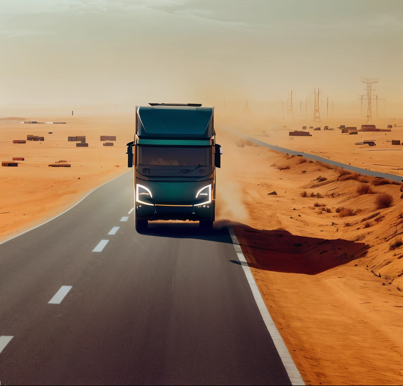 there is a truck driving down the road in the desert, by Mike Winkelmann, by Kurt Roesch, by Daniel Seghers, by Harold von Schmidt, crisp smooth lines, by Richard Hess, artistic interpretation, by Robert Koehler, by Robert Jacobsen, semi-transparent, cybertruck, super realism, by Robert Zünd
