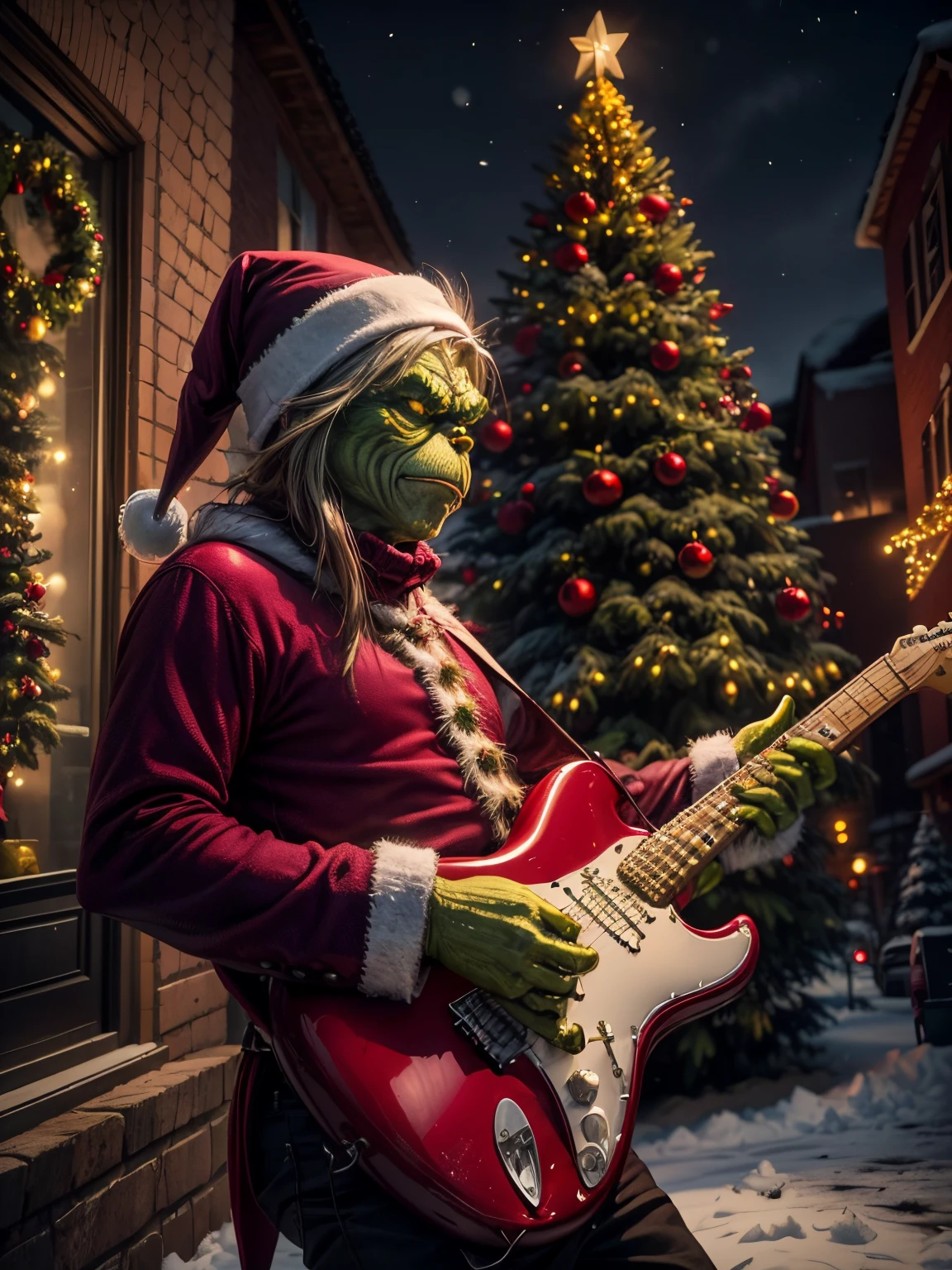 RAW photogr,(Grinch holding fender stratocaster, Alone,Emotional face, put on christmas clothes,Burgundy and dark colors_red colour), Christmas fun street,christmas,elk,gifts,snowflower,Christmas tree,tmasterpiece, award winning photography, lamplight, perfect compositions, high detal, hyper realisitc,dramatic lights, epic