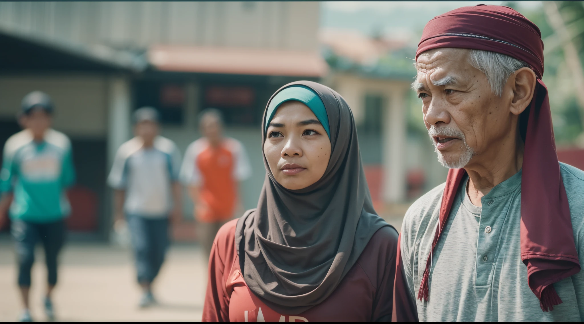 Make this photo look realistic and detailed, they are wearing headscarves and scarves, an indonesian family portrait, 5 0 years old man and woman, muslim clothes, portrait of two people, couple portrait, portrait shot 8 k, couples portrait, potrait, close up potrait, dramatic portraiture of namenlos, full protrait, portrait shot, protrait, photo portrait, 7 0 mm portrait, portrait picture, 60mm portrait, wideangle portrait, very detailed potrait, realistic portrait photo, close up potrait, profile portrait, very detailed face, very realistic face, very perfected face, very detailed clothes, very realistic clothes, very perfected clothes
