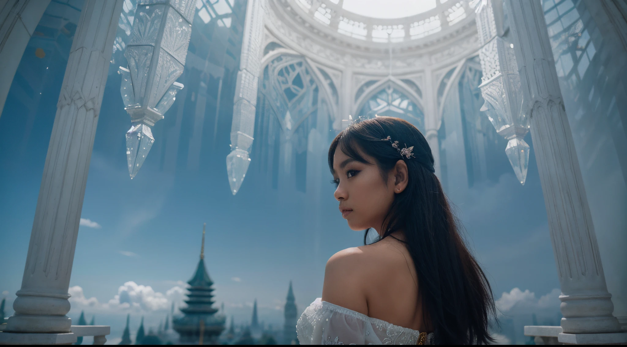 Place the Malay girl in a breathtaking crystal palace that floats high above the clouds. The palace is adorned with intricate crystal designs, and she's exploring its beauty. 35mm, over-the-shoulder shot,cool-toned color grading, depth of field cinematography effect, Natural Lighting, high quality, ultra detail, 8k resolution,