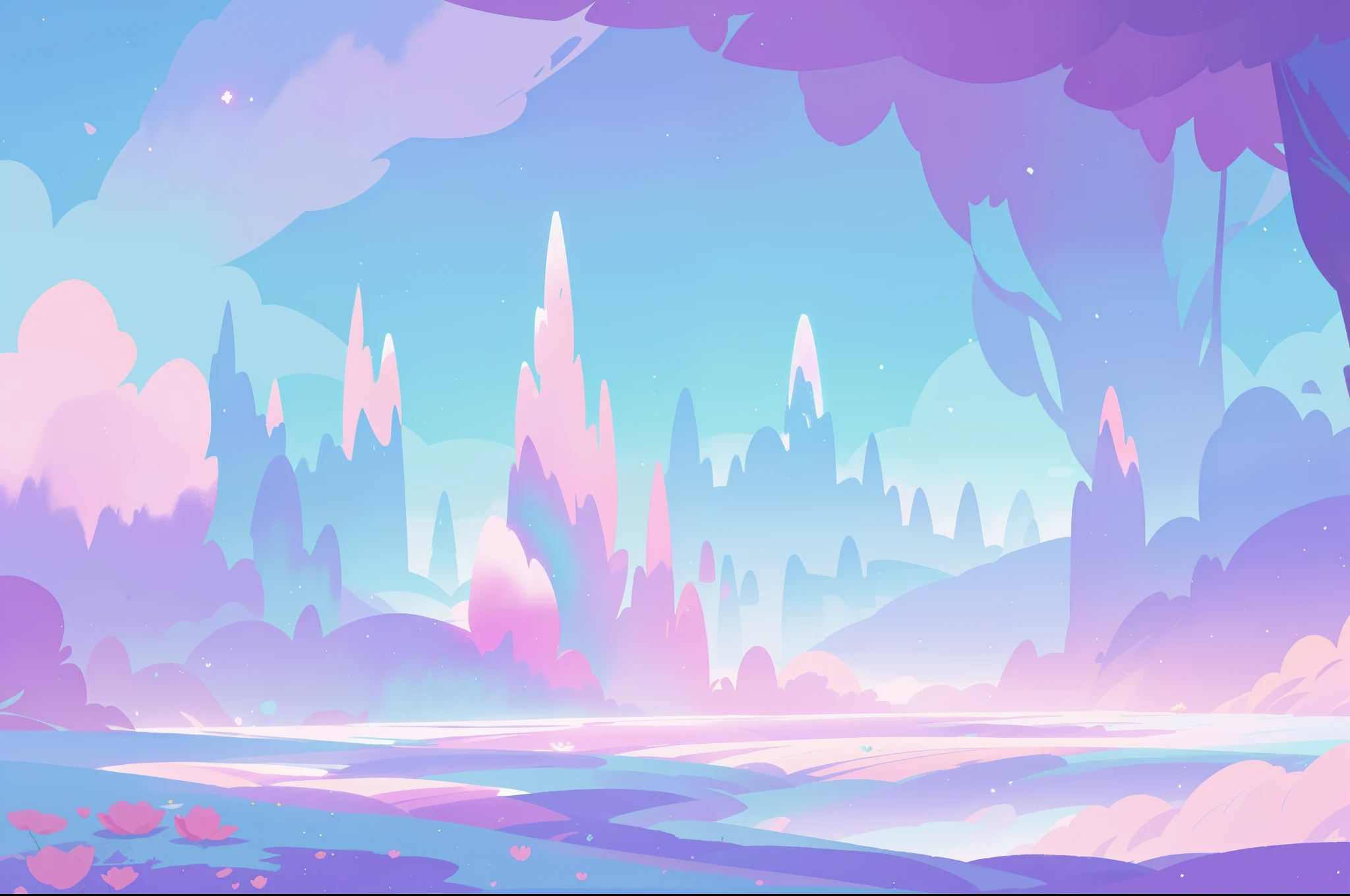 beautiful fantasy landscape, vibrant colors, (((otherworldly landscape))), whimsical landscape, purples pinks blues, watercolor illustration, disney art style, glowing lights, beautiful digital illustration, fantasia otherworldly landscape plants flowers, beautiful, masterpiece, best quality, anime disney style
