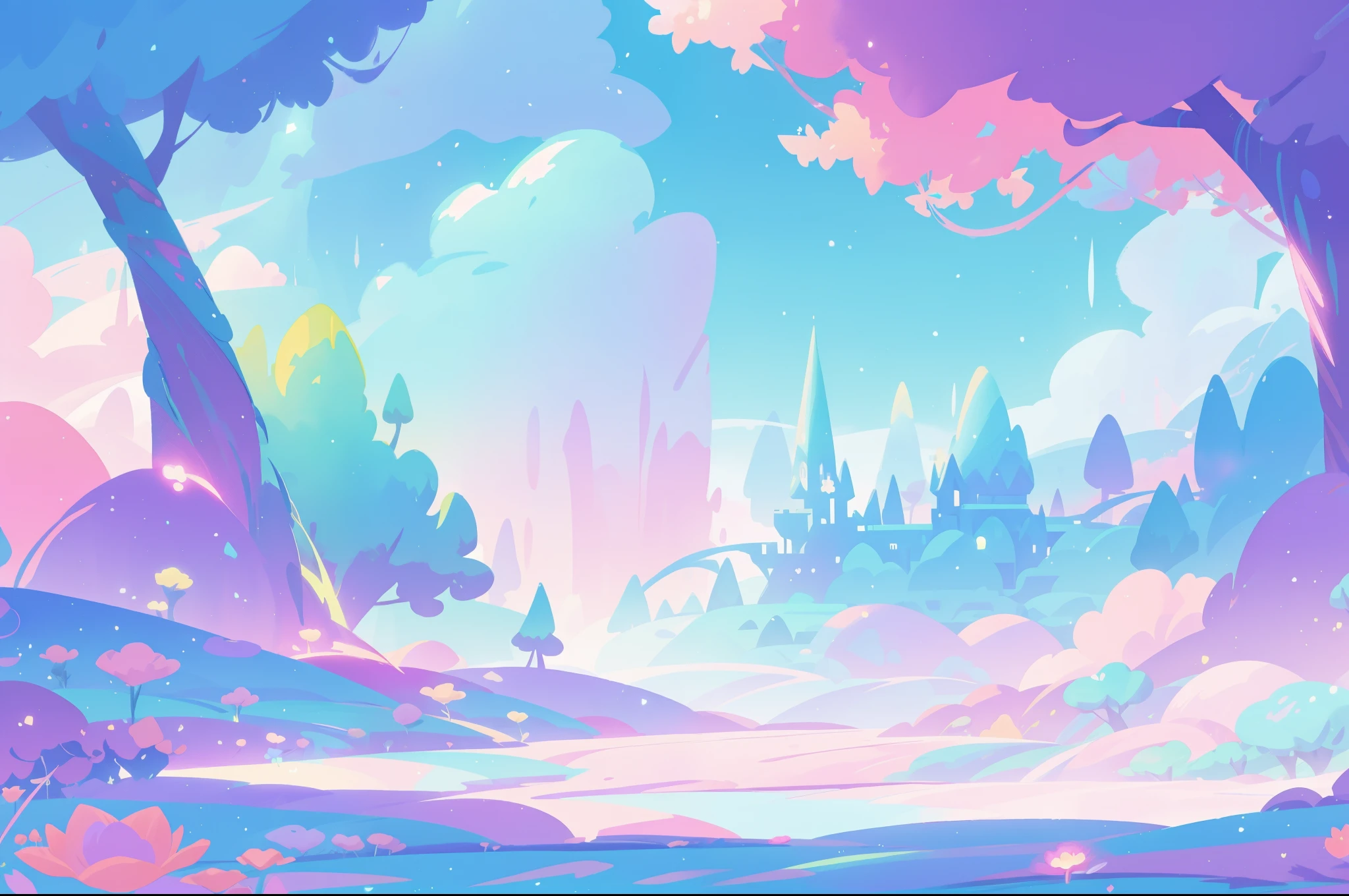 beautiful fantasy landscape, vibrant colors, (((otherworldly landscape))), whimsical landscape, purples pinks blues, watercolor illustration, disney art style, glowing lights, beautiful digital illustration, fantasia otherworldly landscape plants flowers, beautiful, masterpiece, best quality, anime disney style