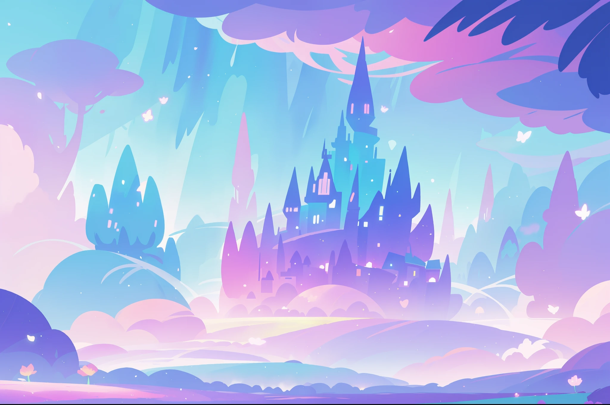 beautiful fantasy landscape, vibrant colors, (((otherworldly landscape))), whimsical landscape, purples pinks blues, watercolor illustration, disney art style, glowing lights, beautiful digital illustration, fantasia otherworldly landscape plants flowers, beautiful, masterpiece, best quality, anime disney style