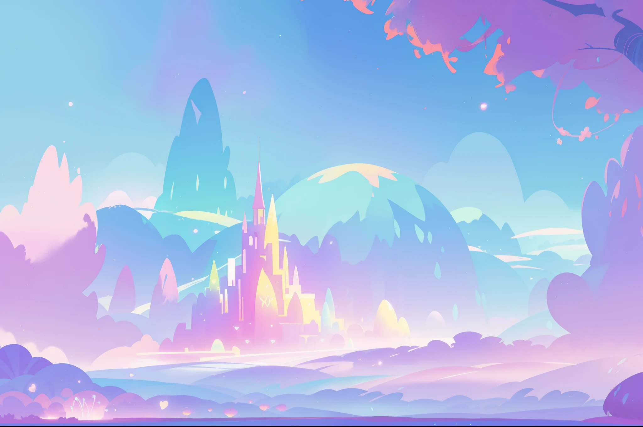 beautiful fantasy landscape, vibrant colors, (((otherworldly landscape))), whimsical landscape, purples pinks blues, watercolor illustration, disney art style, glowing lights, beautiful digital illustration, fantasia otherworldly landscape plants flowers, beautiful, masterpiece, best quality, anime disney style
