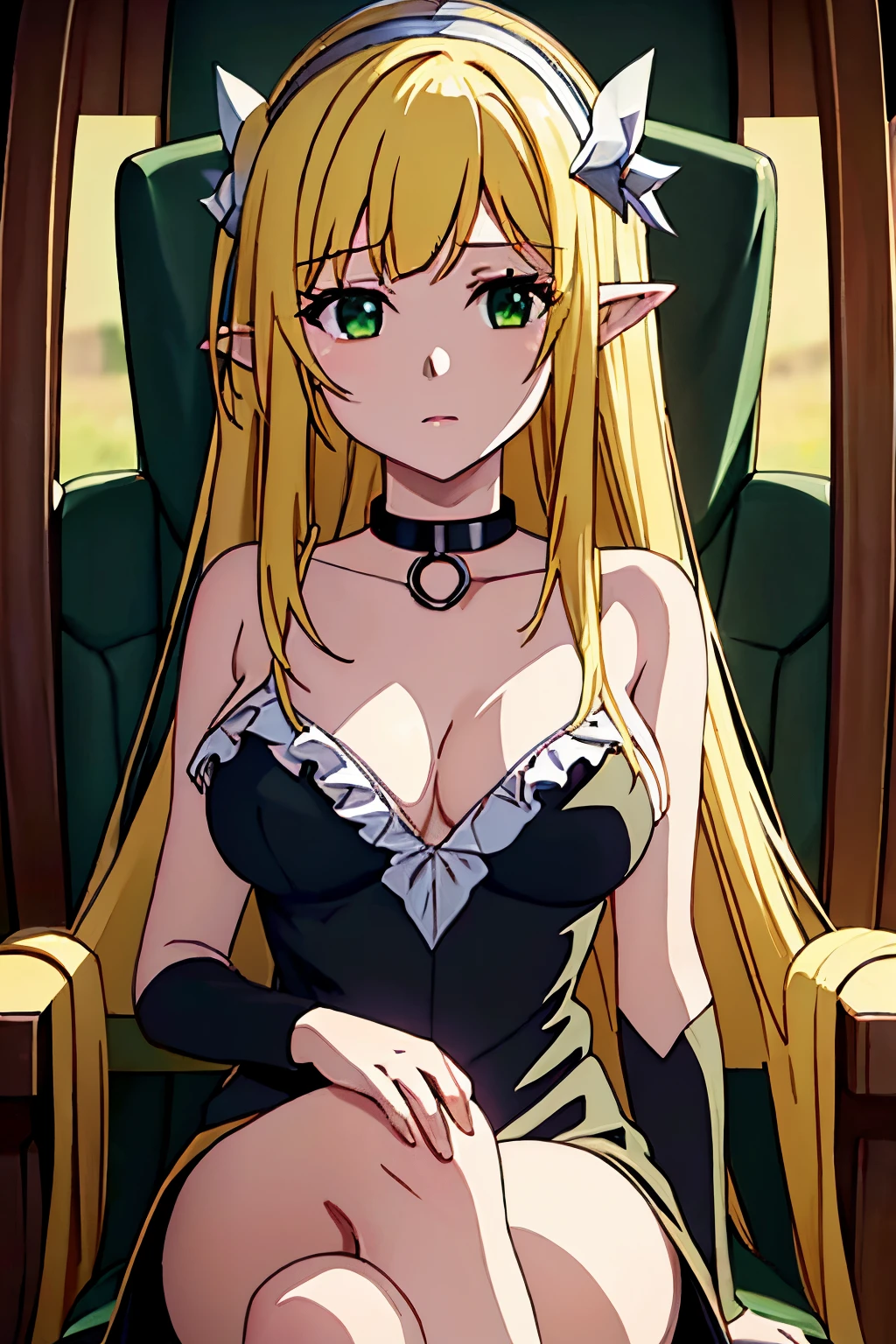 efil, 1girl, solo, breasts, long_hair, looking_at_viewer, bangs, blonde_hair, medium_breasts, very_long_hair, green_eyes, pointy_ears, collar, elf, indoor, throne, sitting, crossed_legs, black_stockings, from_below, (black_dress), cowboy_shot, princess