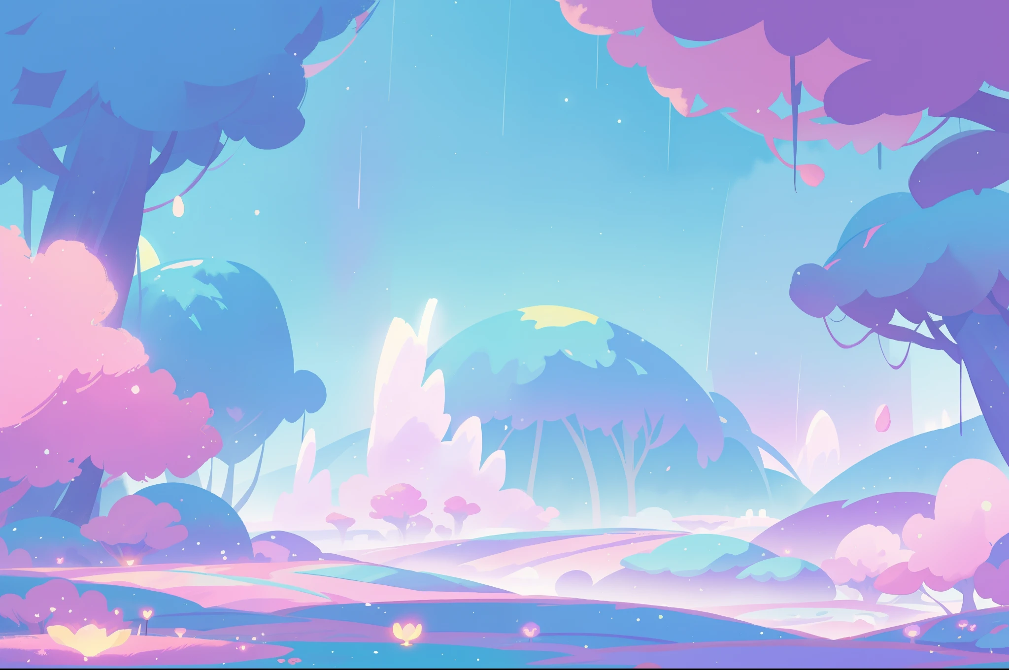 beautiful fantasy landscape, vibrant colors, (((otherworldly landscape))), whimsical landscape, purples pinks blues, watercolor illustration, disney art style, glowing lights, beautiful digital illustration, fantasia otherworldly landscape plants flowers, beautiful, masterpiece, best quality, anime disney style