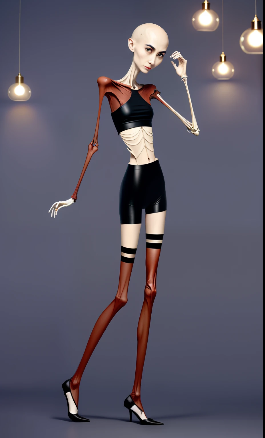 very thin woman，A thin body，Protruding sternum，The waist is very thin，The ribs are noticeable，Protruding ribs，The pelvic protrusion is very obvious，Pelvic width，Legs are just skin and bones，White skin of the，thin shoulde，The waist is very thin，Sunken abdomen，Delicate arms，arm muscle atrophy，hunger，The lower abdomen is depressed，bald-headed，Wear tight leather pants，Wearing black stockings，Wear slippers，Asia face，The waist is particularly thin，angry look，Excessive weight loss，The face is sunken and thin，Severe malnutrition，hunger，Weak，anorexia