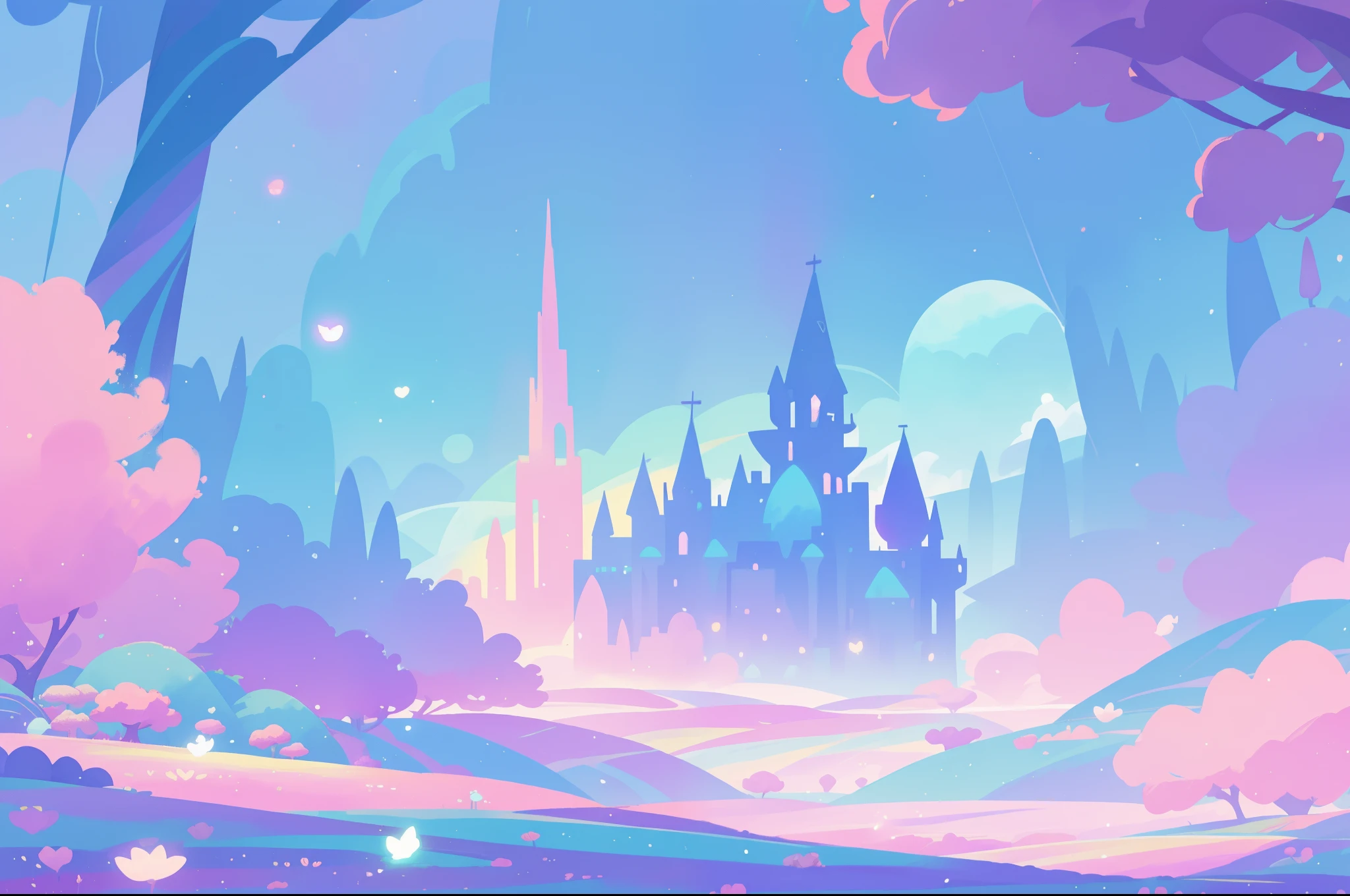 beautiful fantasy landscape, vibrant colors, (((otherworldly landscape))), whimsical landscape, purples pinks blues, watercolor illustration, disney art style, glowing lights, beautiful digital illustration, fantasia otherworldly landscape plants flowers, beautiful, masterpiece, best quality, anime disney style