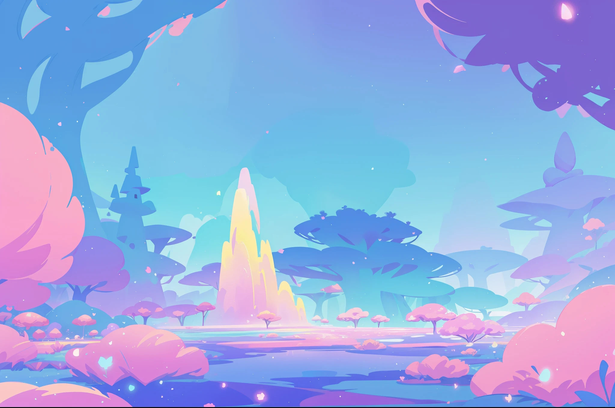 beautiful fantasy landscape, vibrant colors, (((otherworldly landscape))), whimsical landscape, purples pinks blues, watercolor illustration, disney art style, glowing lights, beautiful digital illustration, fantasia otherworldly landscape plants flowers, beautiful, masterpiece, best quality, anime disney style