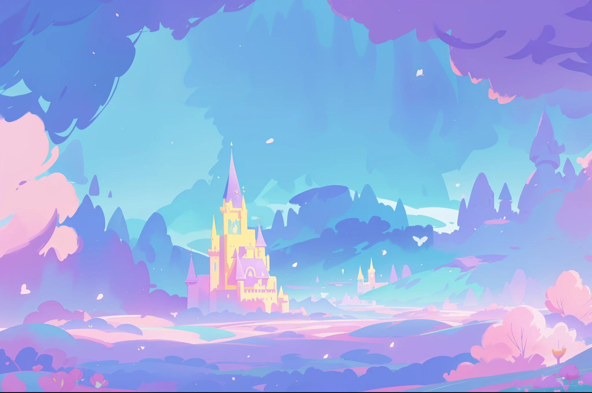 beautiful fantasy landscape, castle in distance, vibrant colors, (((otherworldly landscape))), whimsical landscape, purples pinks blues, watercolor illustration, disney art style, glowing lights, beautiful digital illustration, fantasia otherworldly landscape plants flowers, beautiful, masterpiece, best quality, anime disney style