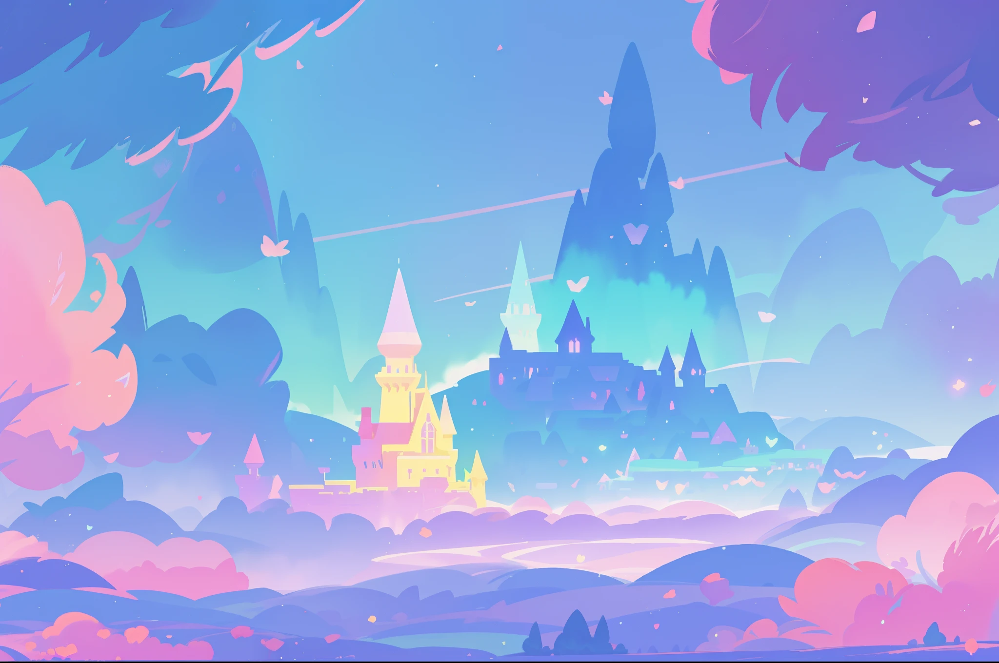 beautiful fantasy landscape, castle in distance, vibrant colors, (((otherworldly landscape))), whimsical landscape, purples pinks blues, watercolor illustration, disney art style, glowing lights, beautiful digital illustration, fantasia otherworldly landscape plants flowers, beautiful, masterpiece, best quality, anime disney style